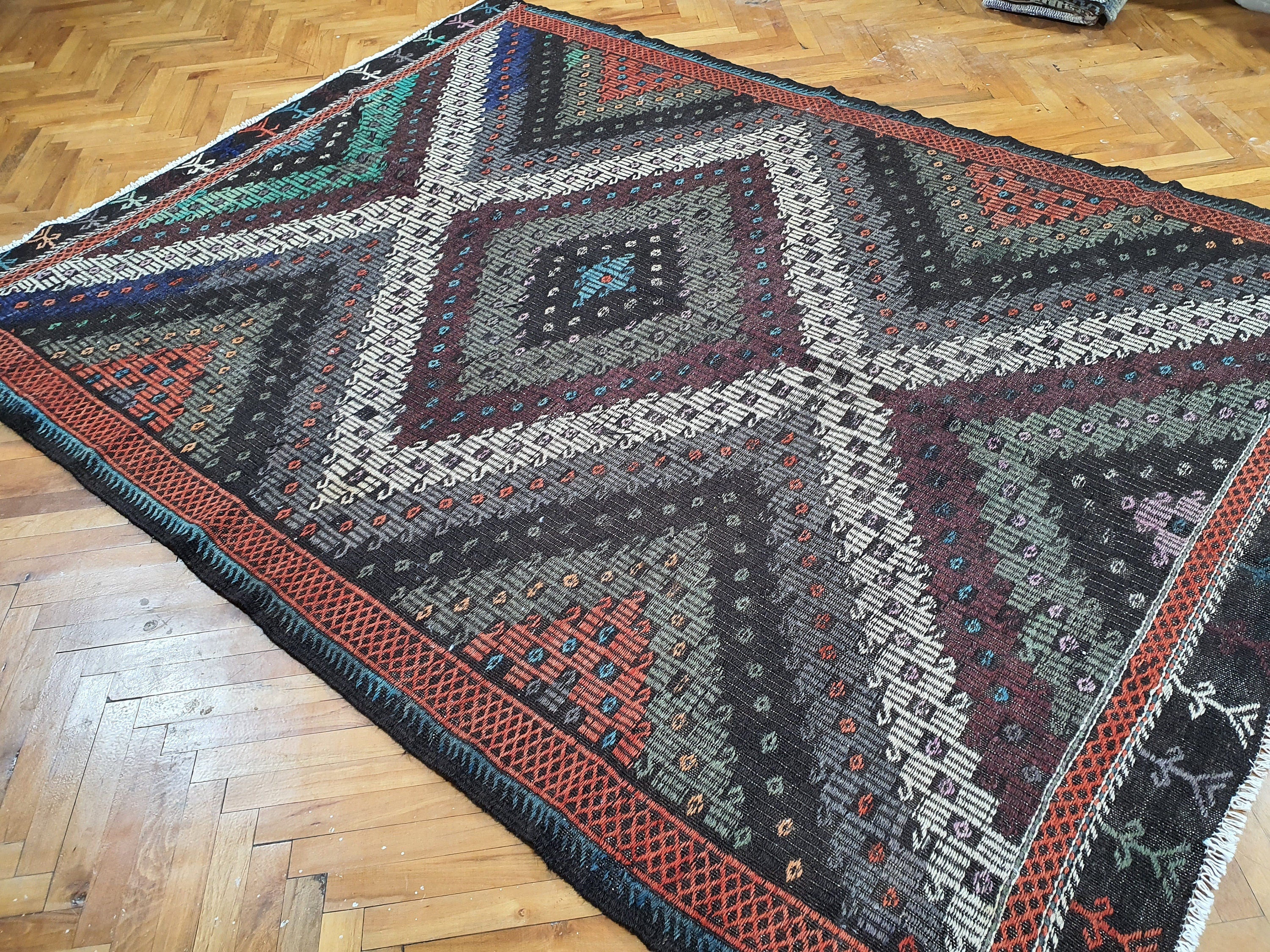 Alfombra de lana tejida a mano estilo marroquí con decoración vintage, estilo persa, estilo bohemio, estilo turco colorido, 8'7'' x 6'4''