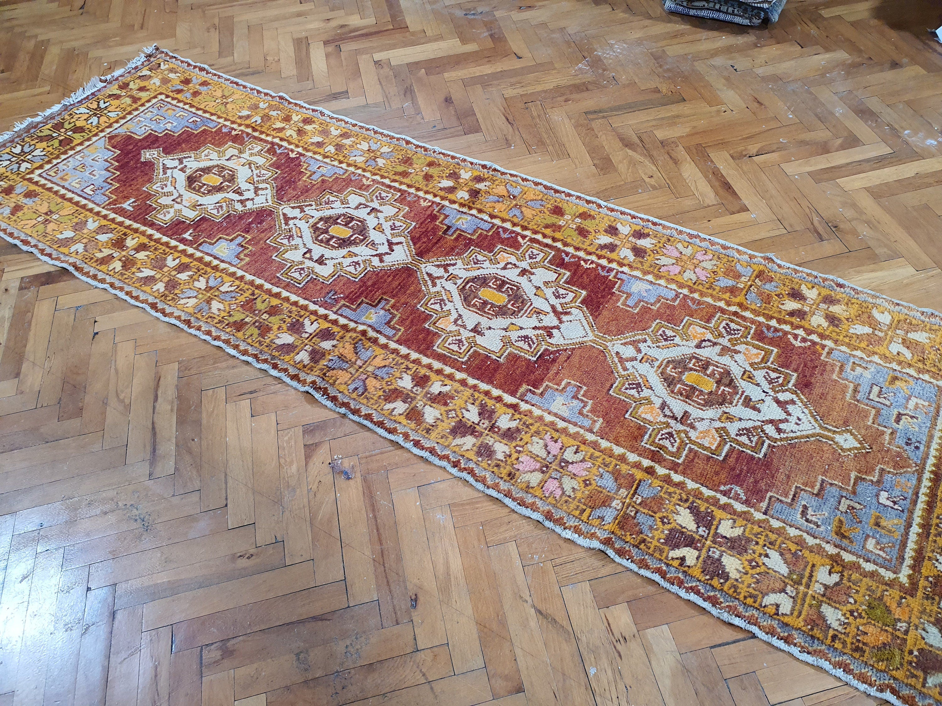 Alfombra de pasillo Sivas Turkey de 2,7 x 0,6 m, color rojo, azul y marrón, larga, estilo bohemio, rústica, hecha a mano, de lana natural, con motivo de medallón persa