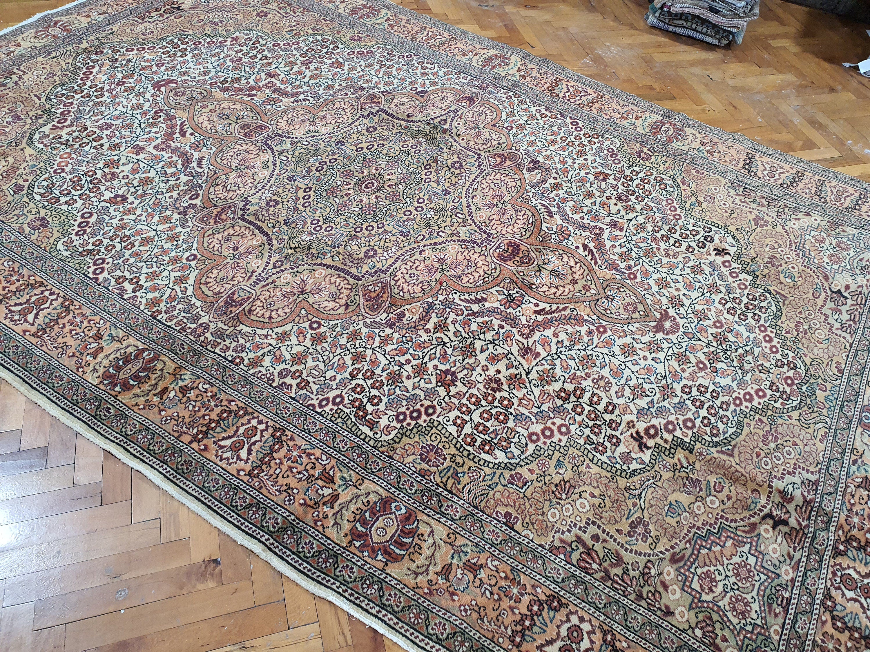 Kayseri Turkish Rug, Pink White Brown Floral Vintage Handmade Natural Wool Rug 9'8"x6'6"
