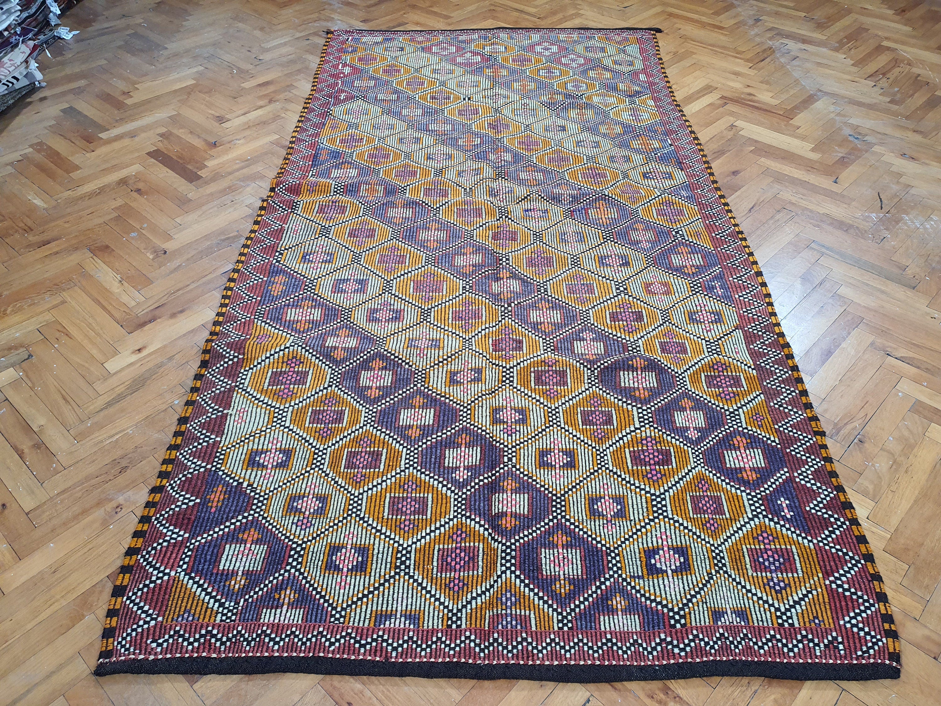 Brown Turkish Kilim Rug, 9 x 4 ft Pink Blue & White Turkish Cicim Embroidery on Turkish Kilim, Boho Rustic Natural Wool Handmade Persian Rug