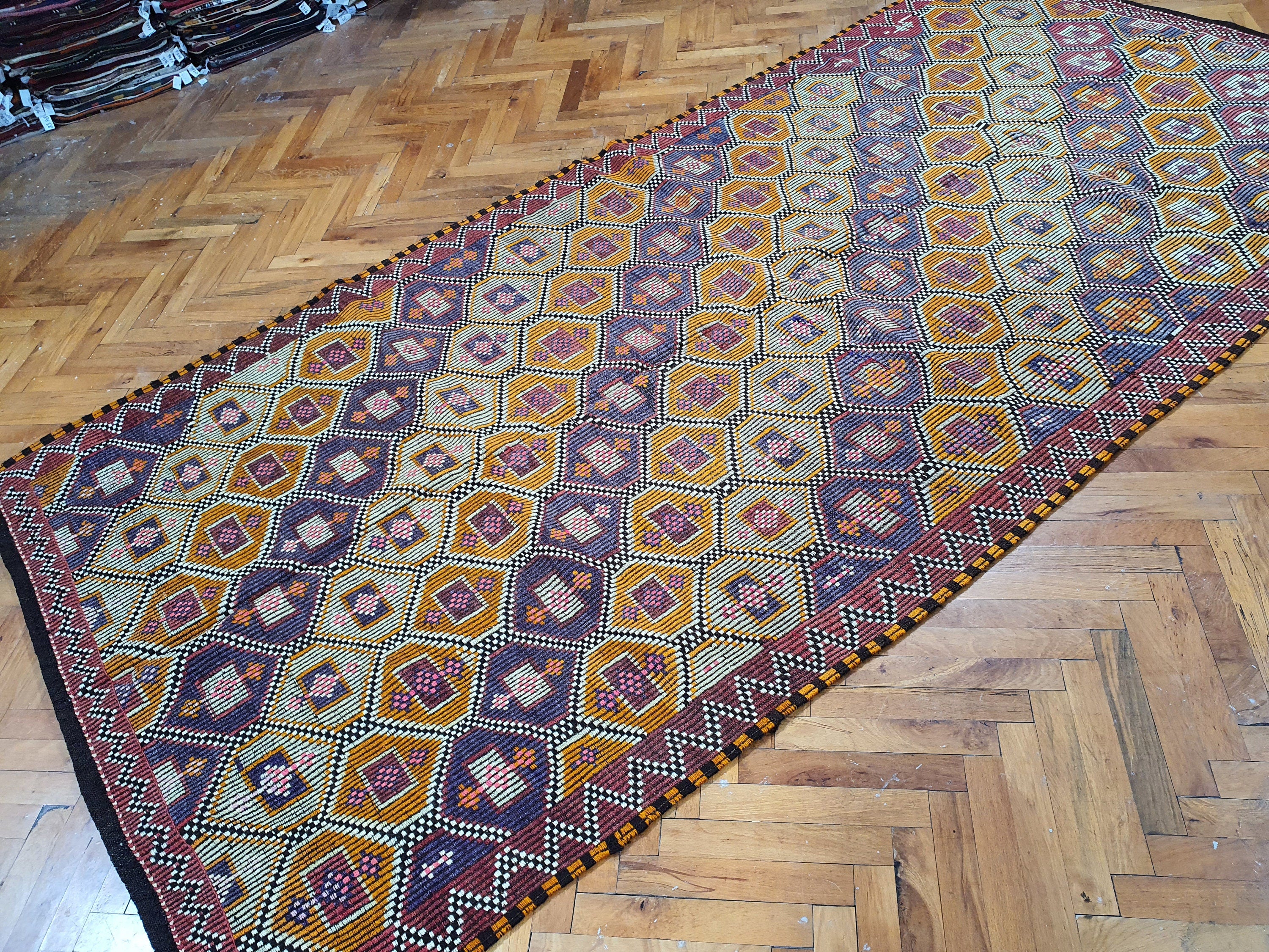 Brown Turkish Kilim Rug, 9 x 4 ft Pink Blue & White Turkish Cicim Embroidery on Turkish Kilim, Boho Rustic Natural Wool Handmade Persian Rug