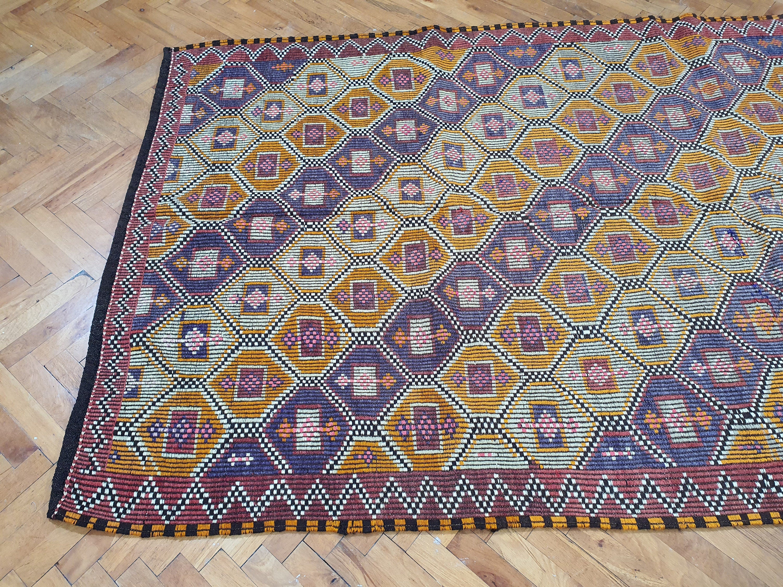 Brown Turkish Kilim Rug, 9 x 4 ft Pink Blue & White Turkish Cicim Embroidery on Turkish Kilim, Boho Rustic Natural Wool Handmade Persian Rug