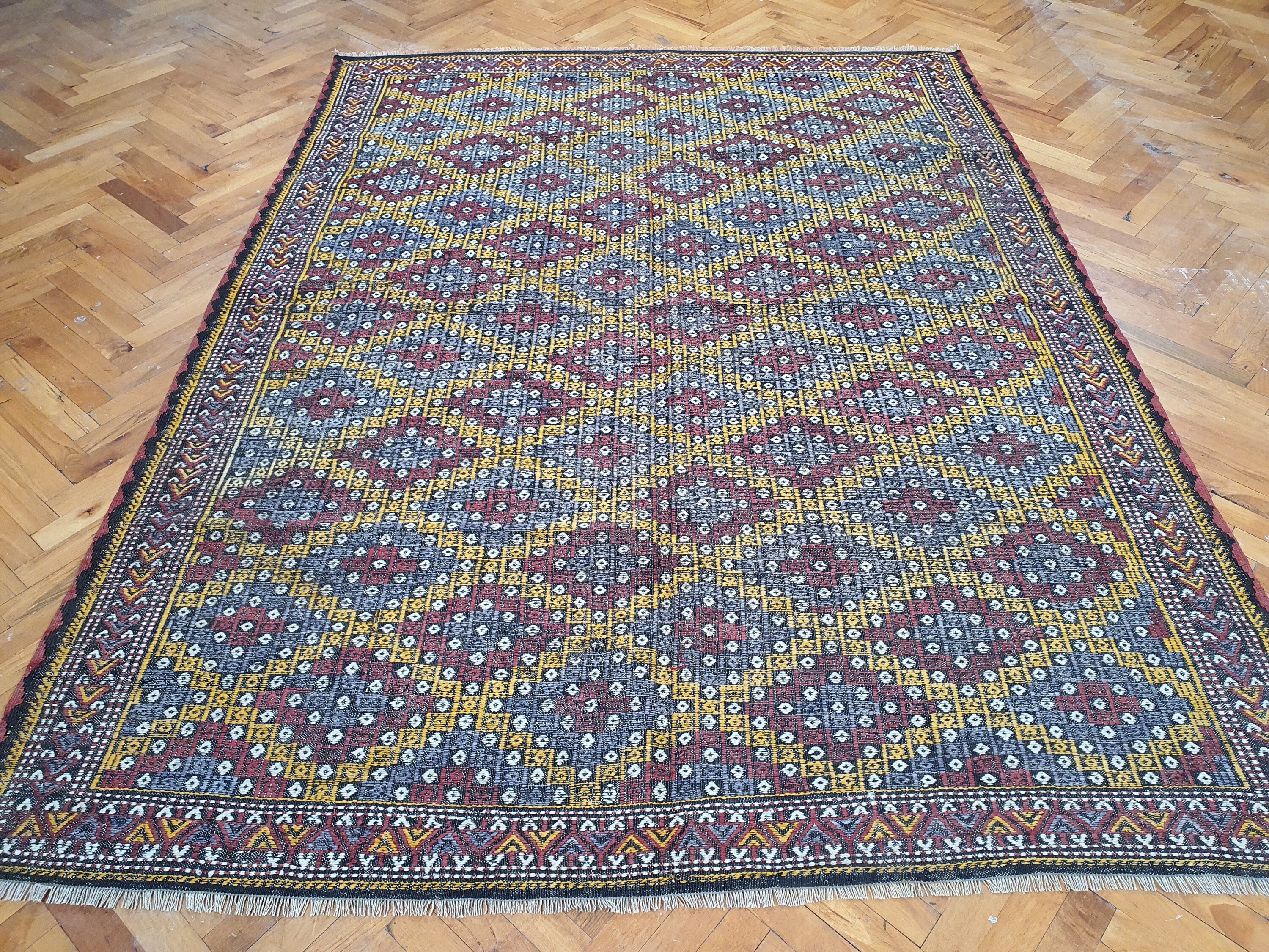 Turkish Kilim Rug 9 x 7 ft Brown Beige Orange Cicim Embroidered Rug, Vintage Southwest Aztec Handmade Wool Kilim, Antique Persian Area Rug