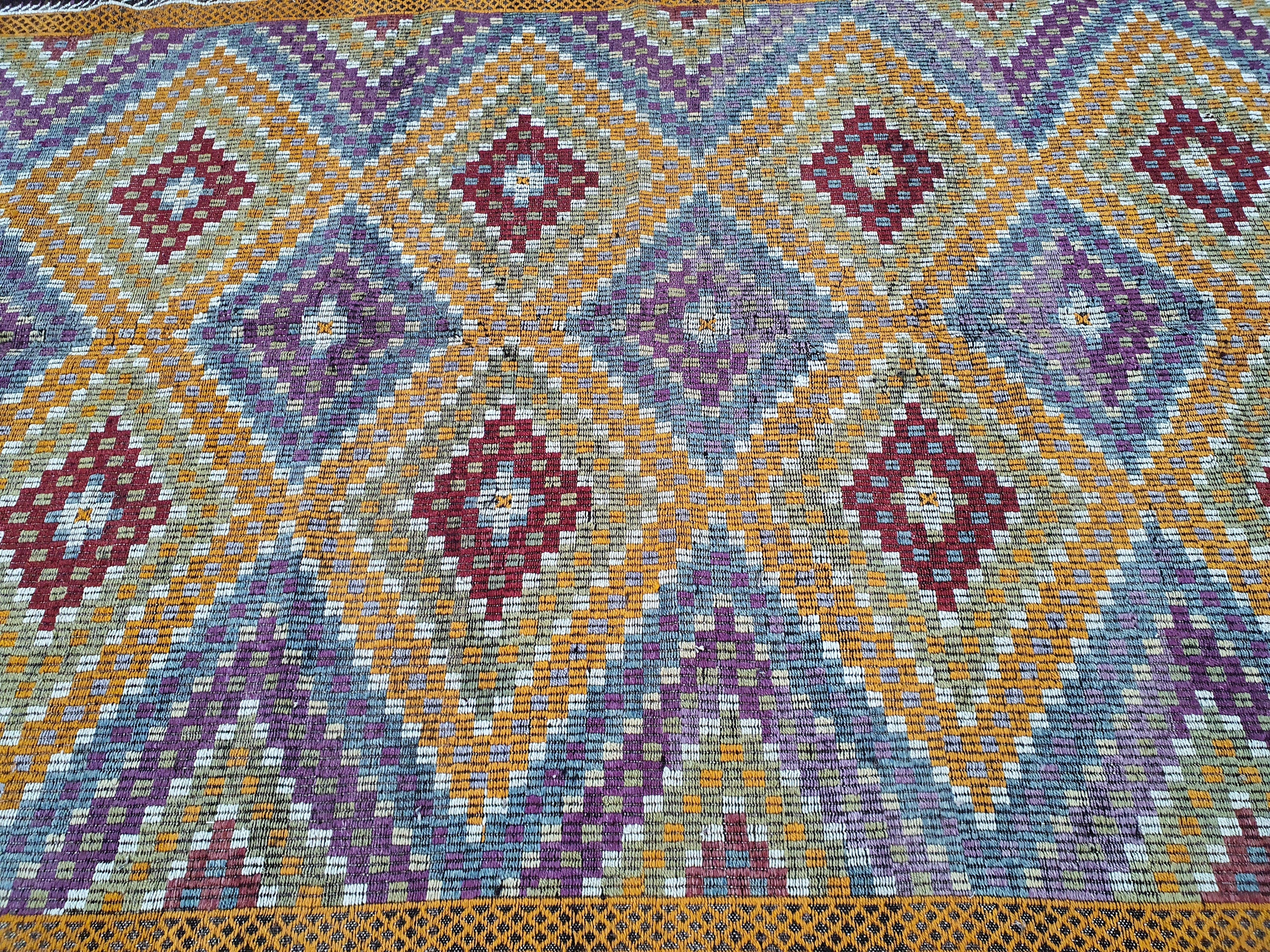Turkish Kilim Rug 9 x 6 ft Orange Red & Blue on Purple Natural Wool Embroidered Vintage Cicim Floor Rug for Bohemian or Retro Home Decor