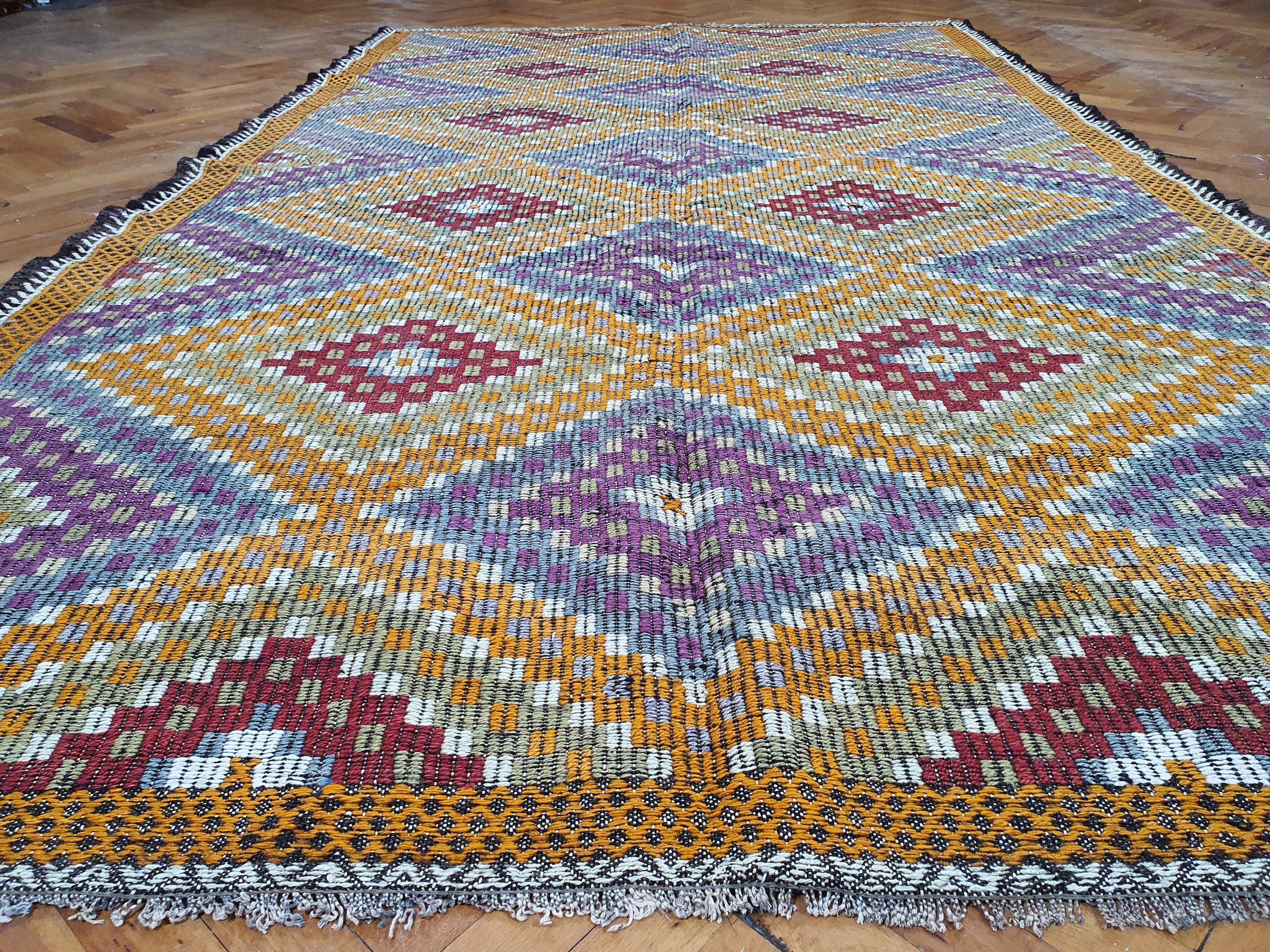 Turkish Kilim Rug 9 x 6 ft Orange Red & Blue on Purple Natural Wool Embroidered Vintage Cicim Floor Rug for Bohemian or Retro Home Decor