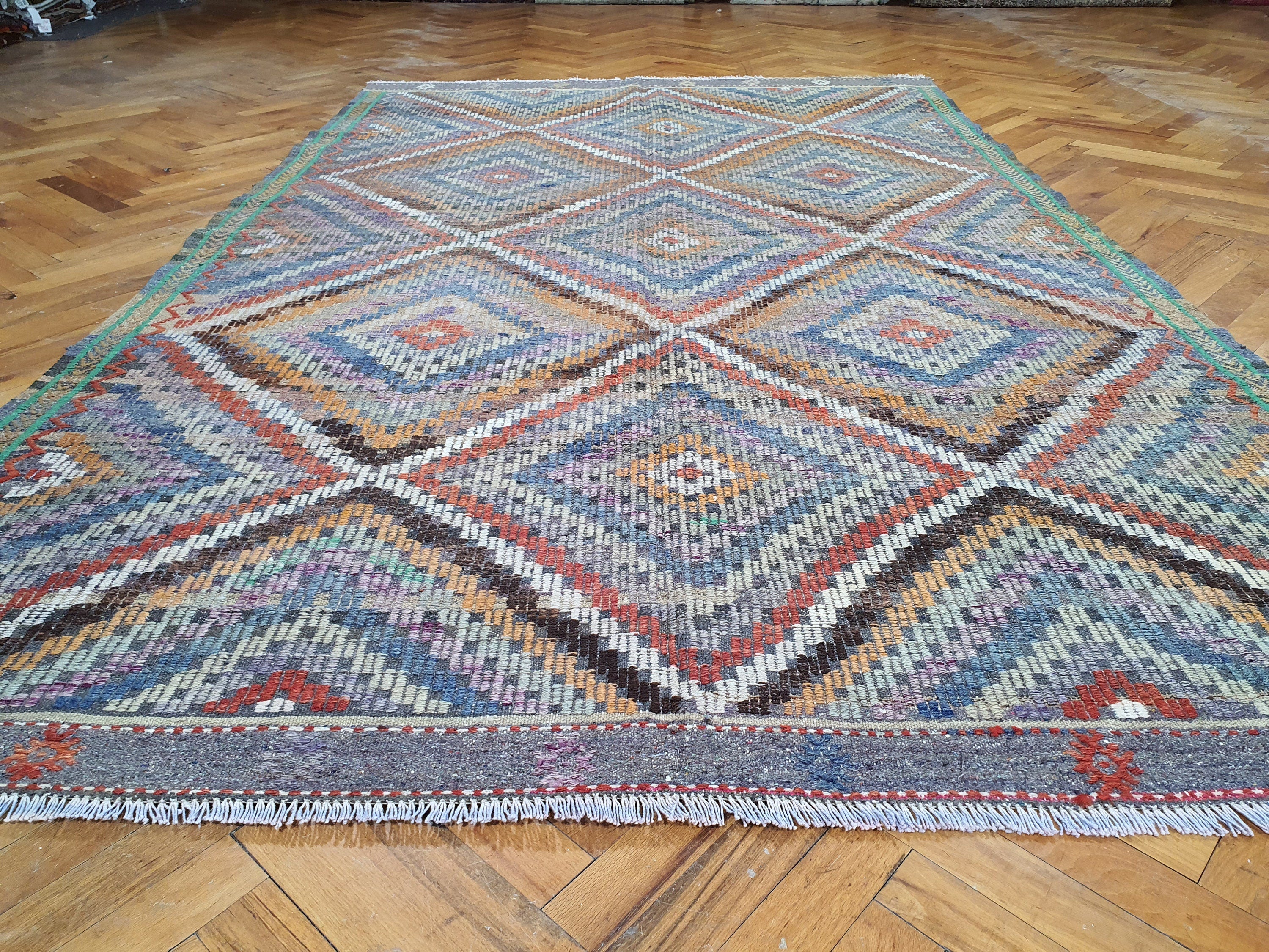 Turkish Kilim Rug 8 x 5 ft Orange Purple & Blue on Purple Natural Wool Embroidered Vintage Cicim Floor Rug for Bohemian or Retro Home Decor