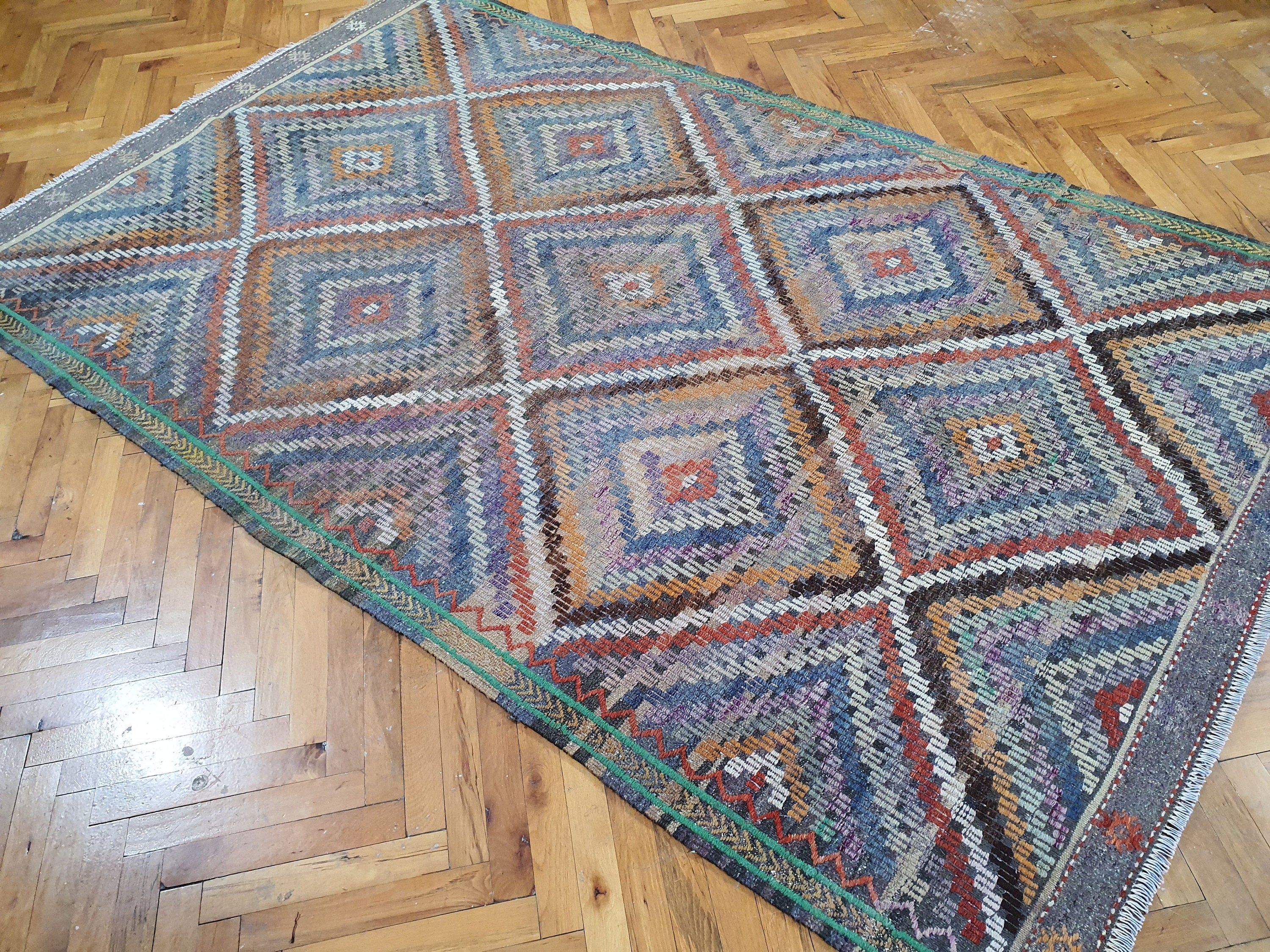 Alfombra Kilim turca de 2,4 x 1,5 m, color naranja, morado y azul sobre morado, bordada en lana natural, estilo vintage Cicim, para decoración del hogar bohemia o retro