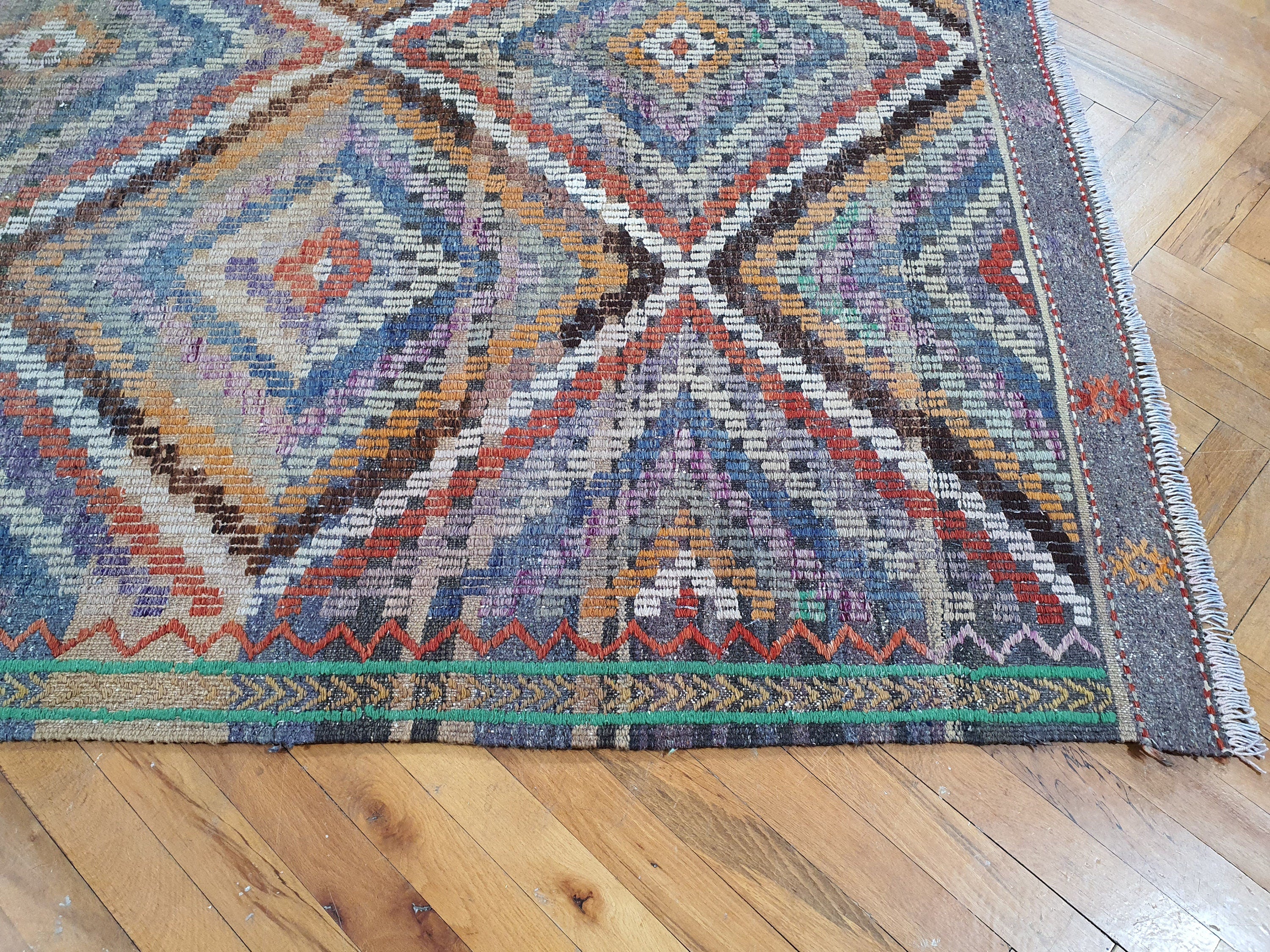 Turkish Kilim Rug 8 x 5 ft Orange Purple & Blue on Purple Natural Wool Embroidered Vintage Cicim Floor Rug for Bohemian or Retro Home Decor