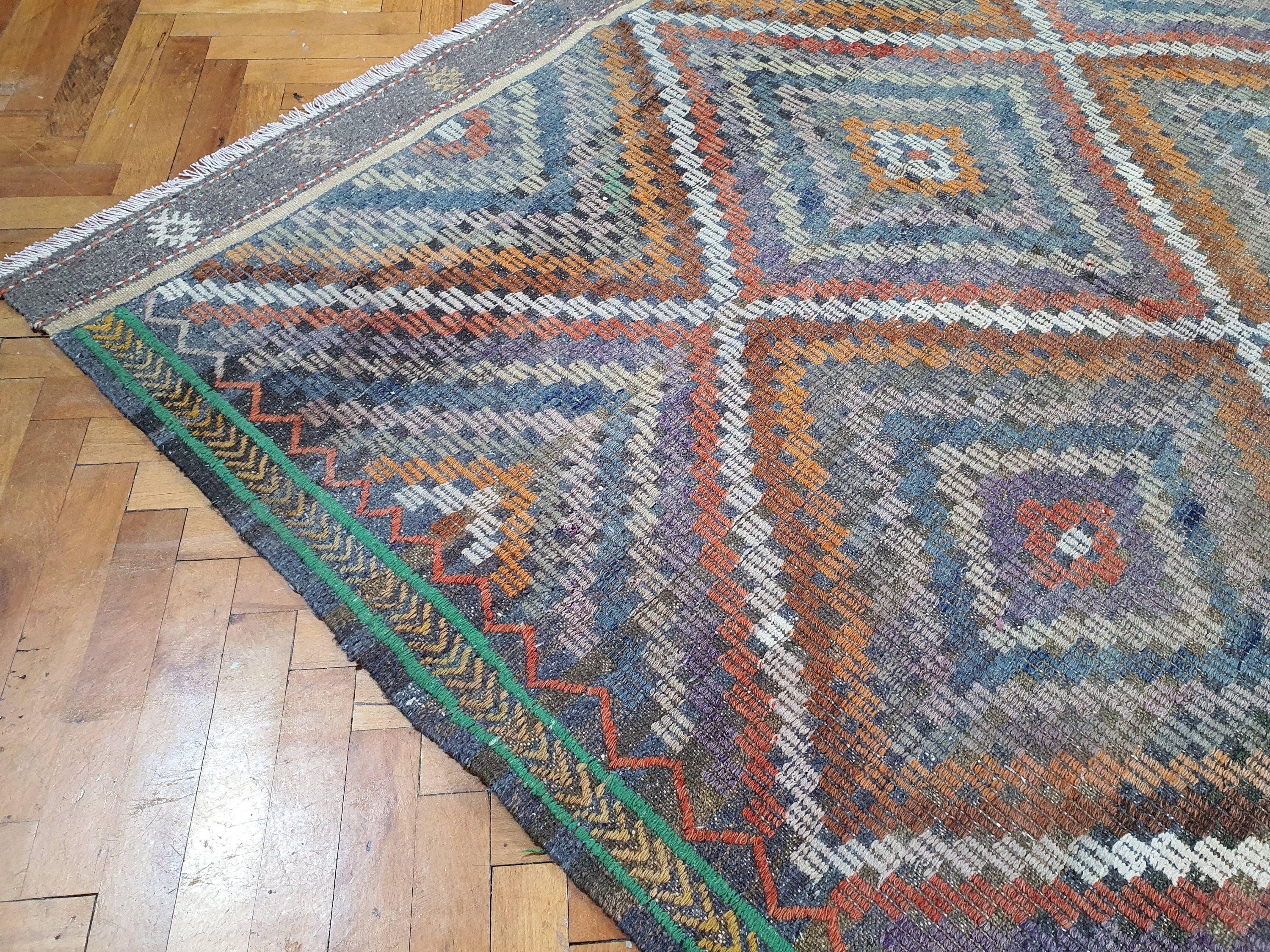 Turkish Kilim Rug 8 x 5 ft Orange Purple & Blue on Purple Natural Wool Embroidered Vintage Cicim Floor Rug for Bohemian or Retro Home Decor