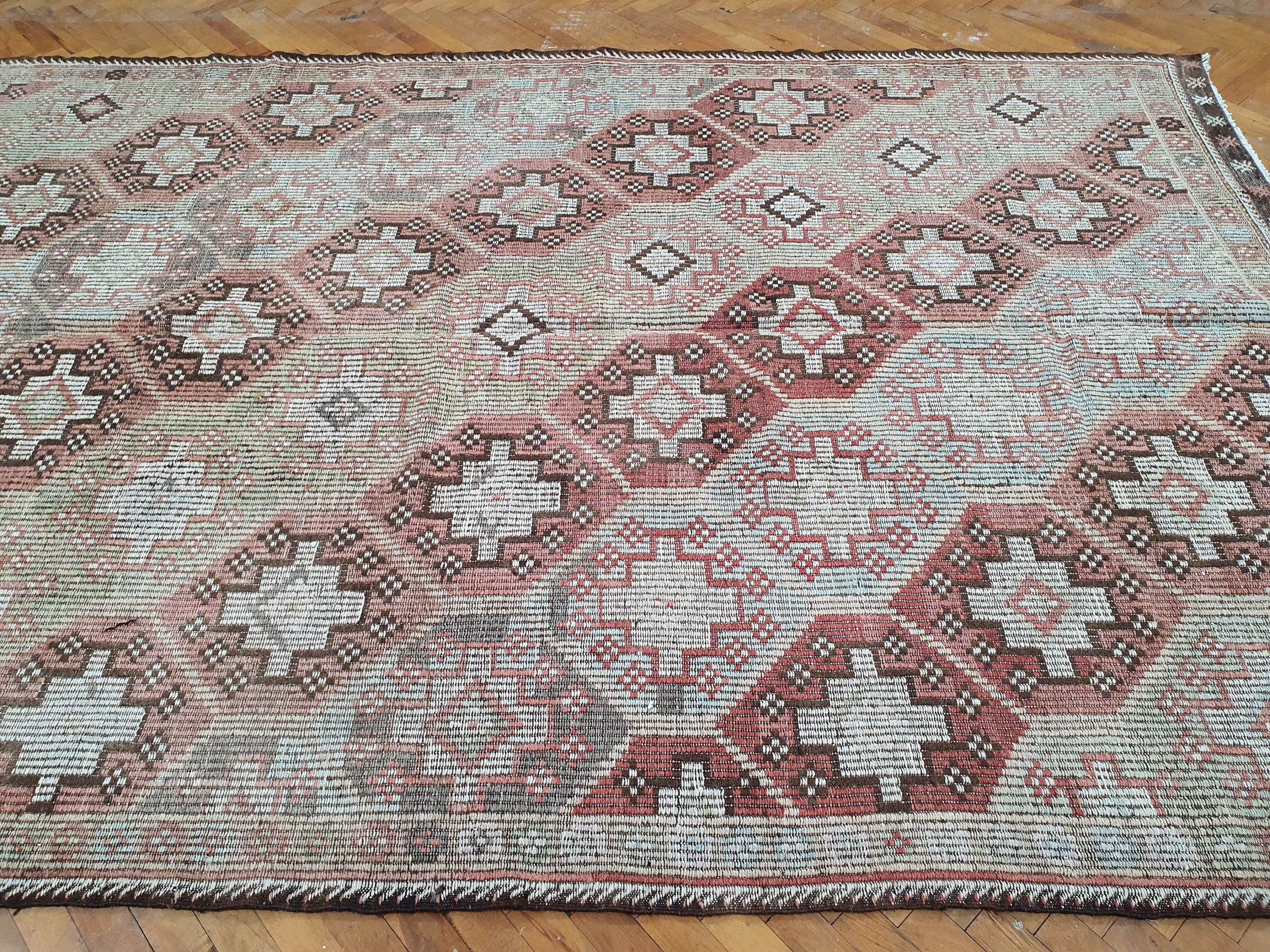 Turkish Kilim Rug 8 x 6 ft Brown Green and White Natural Wool Embroidered Vintage Cicim Floor Rug for Bohemian or Retro Home Decor