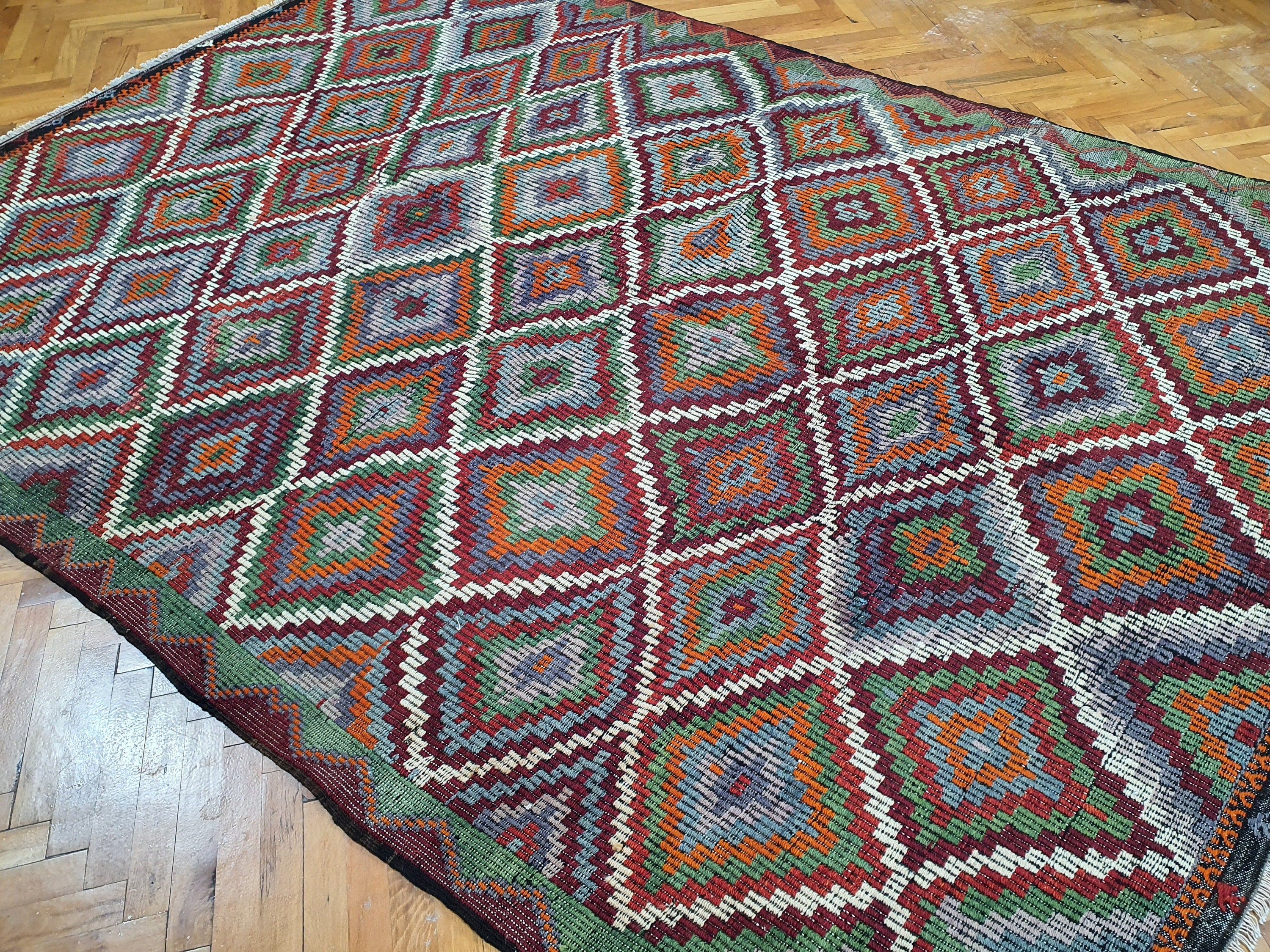 Brown Turkish Kilim Rug, 8 x 6 ft Pink Blue & White Turkish Cicim Embroidery on Turkish Kilim, Boho Rustic Natural Wool Handmade Persian Rug