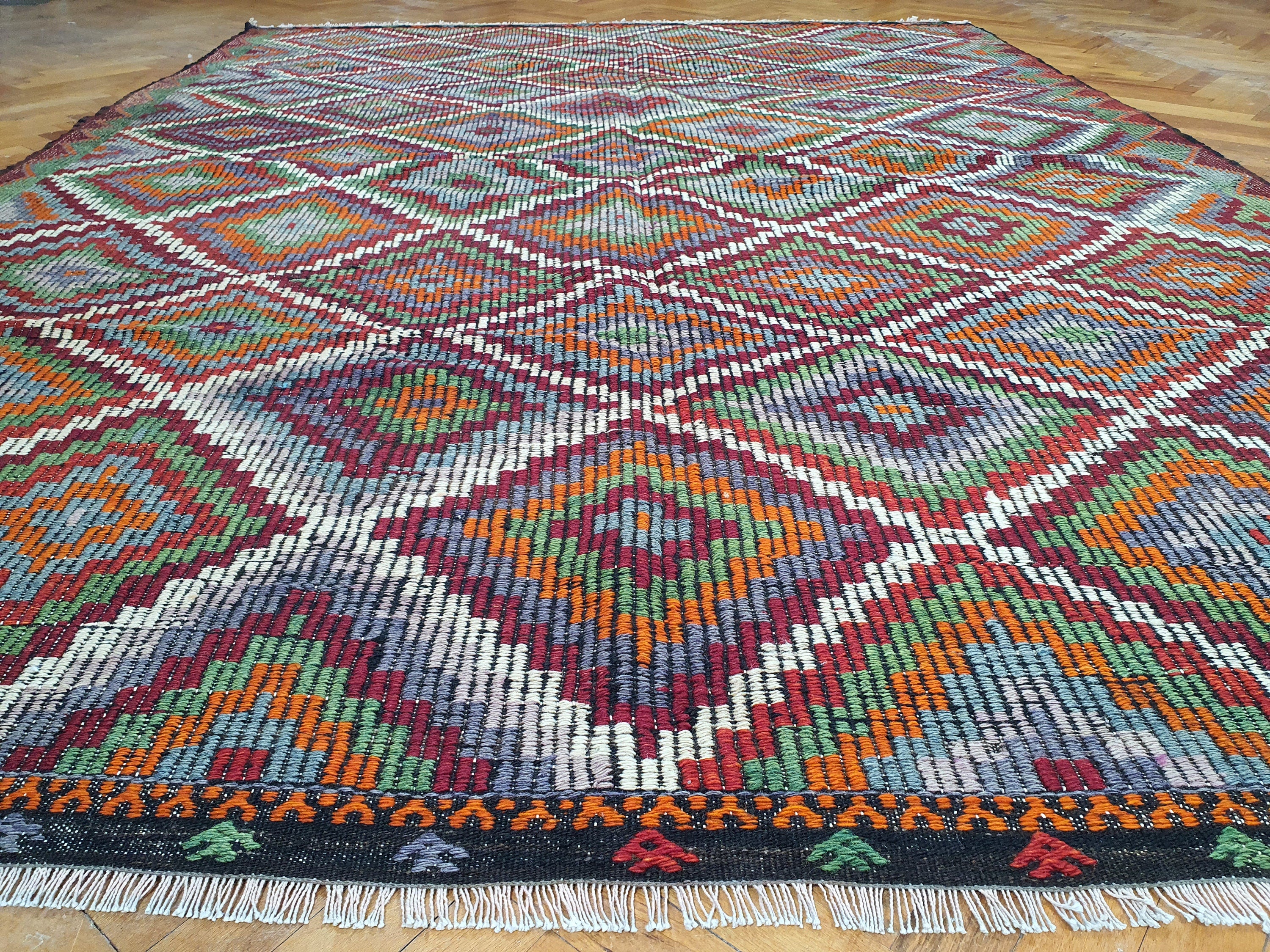 Brown Turkish Kilim Rug, 8 x 6 ft Pink Blue & White Turkish Cicim Embroidery on Turkish Kilim, Boho Rustic Natural Wool Handmade Persian Rug