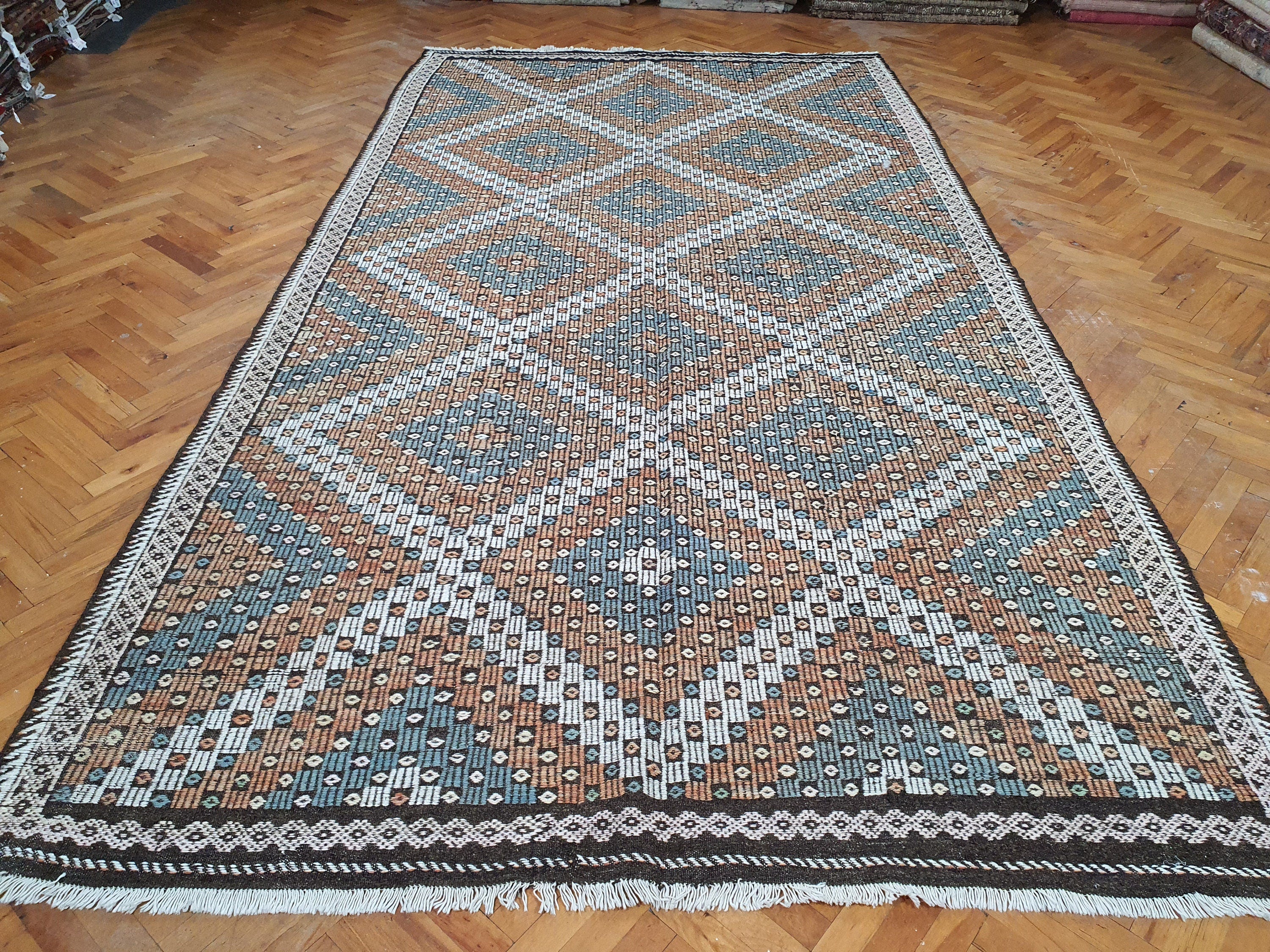 Turkish Kilim Rug 11 x 7 ft Red White and Blue Rug, Vintage Southwestern Aztec Handmade Wool Kilim, Antique Persian Rustic Farmhouse Rug