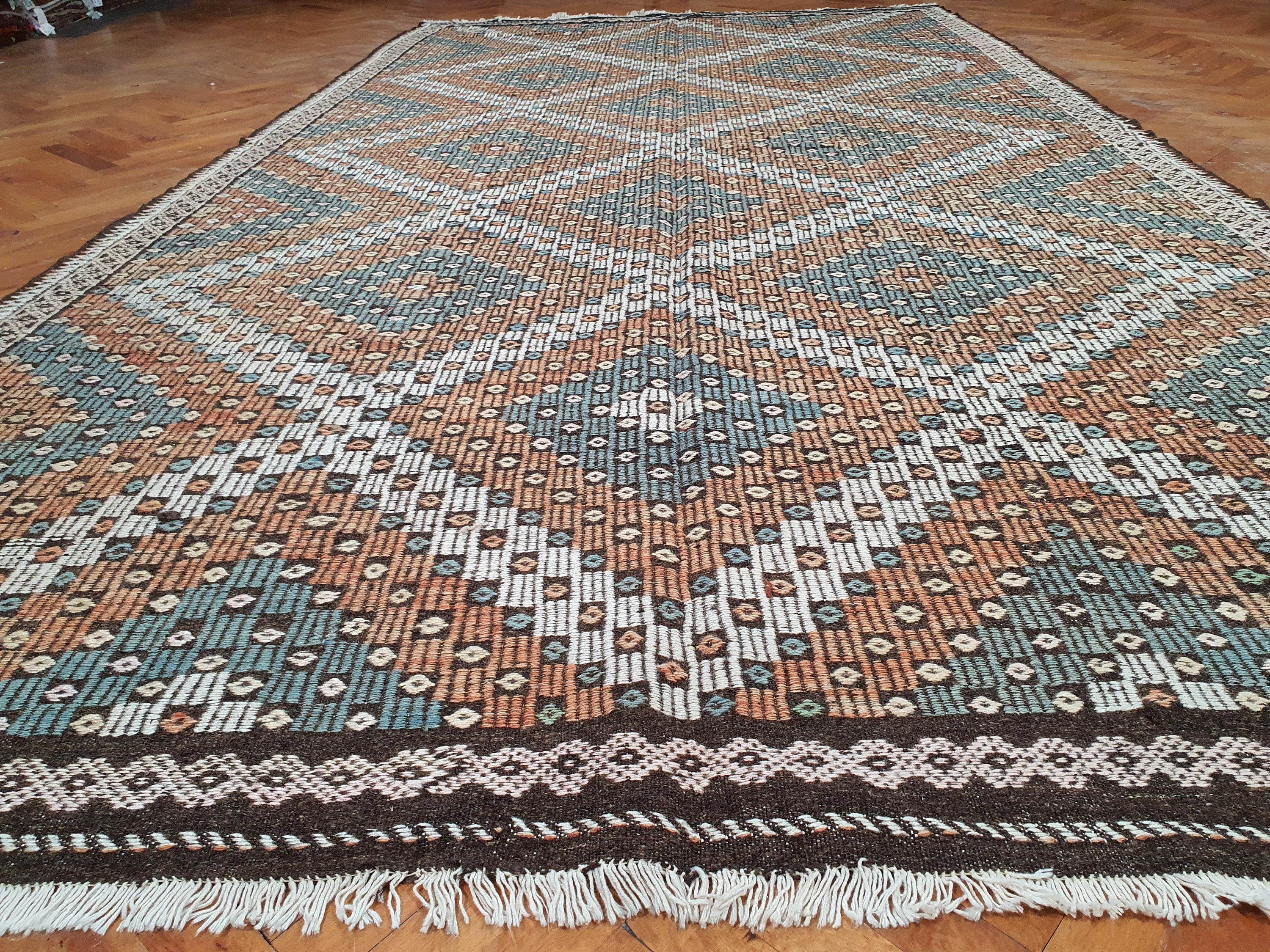 Turkish Kilim Rug 11 x 7 ft Red White and Blue Rug, Vintage Southwestern Aztec Handmade Wool Kilim, Antique Persian Rustic Farmhouse Rug
