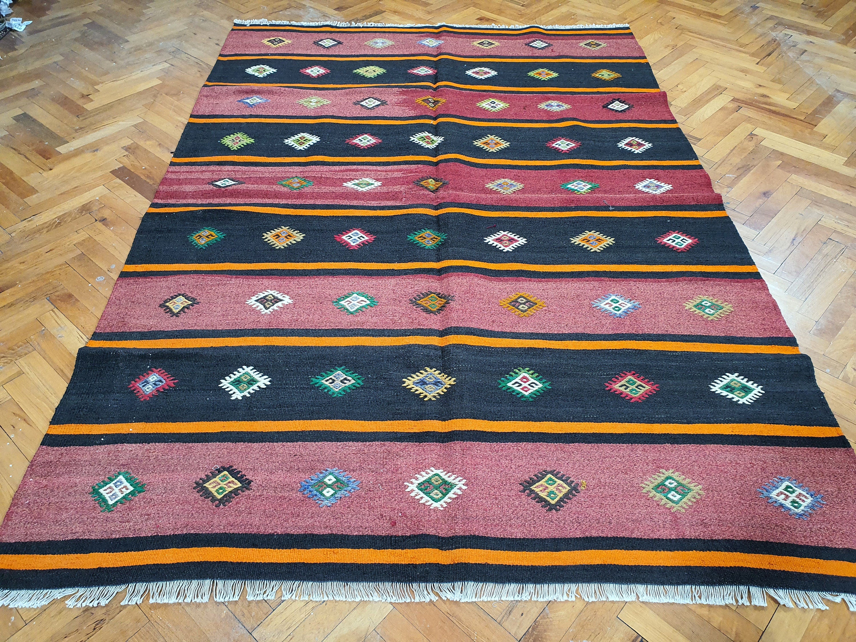 Alfombra retro con decoración vintage, alfombra persa estilo kilim para sala de estar, alfombra de lana hecha a mano de estilo marroquí, alfombra bohemia rústica turca colorida de 5'6' x 8' pies