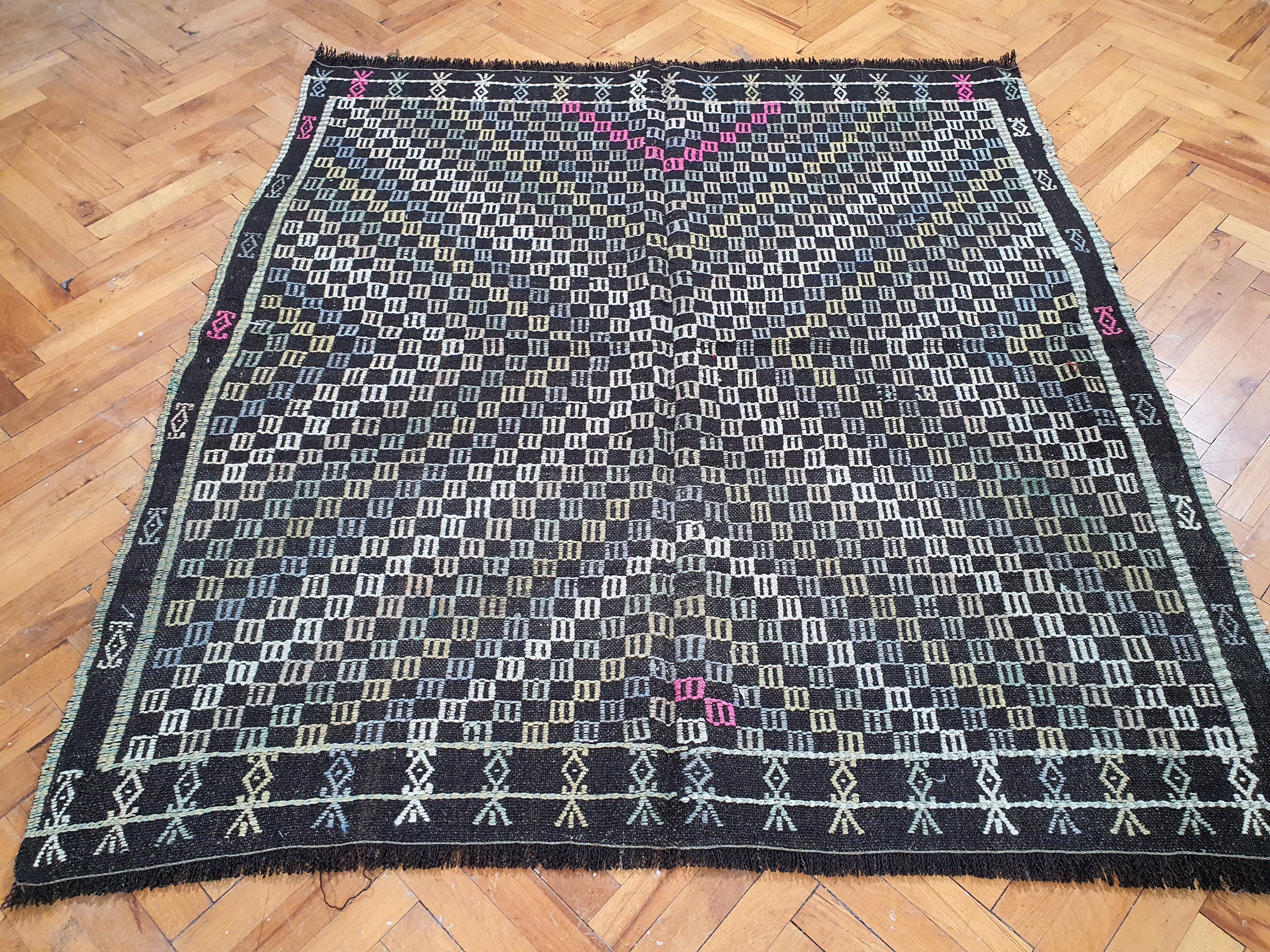 Alfombra Kilim turca de 1,5 x 1,2 m, color marrón, azul y rosa, de lana natural, bordada, estilo vintage, para decoración del hogar bohemia o retro