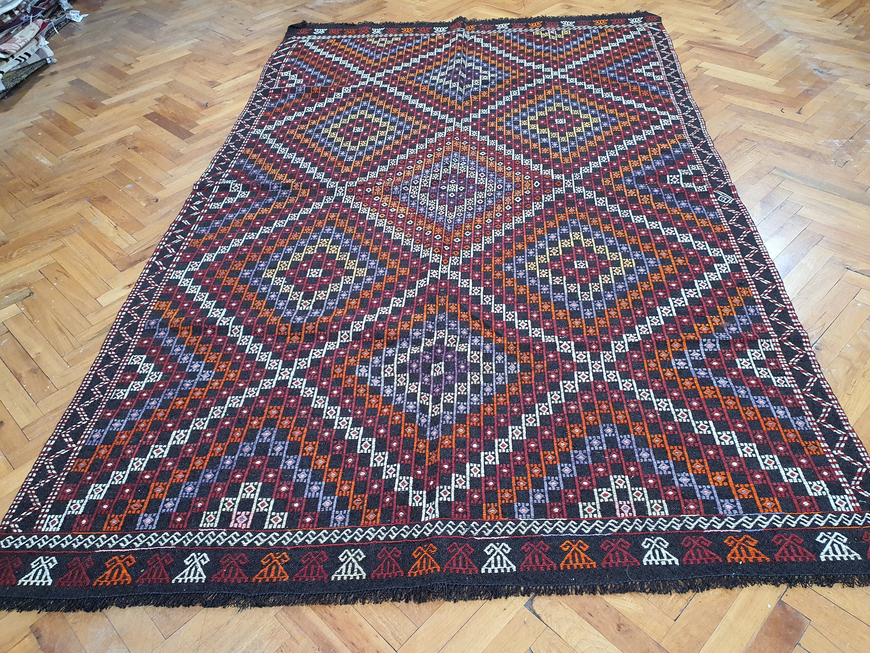 Brown Turkish Kilim Rug, 8 x 5 ft Red Blue & White Turkish Cicim Embroidery on Turkish Kilim, Boho Rustic Natural Wool Handmade Persian Rug