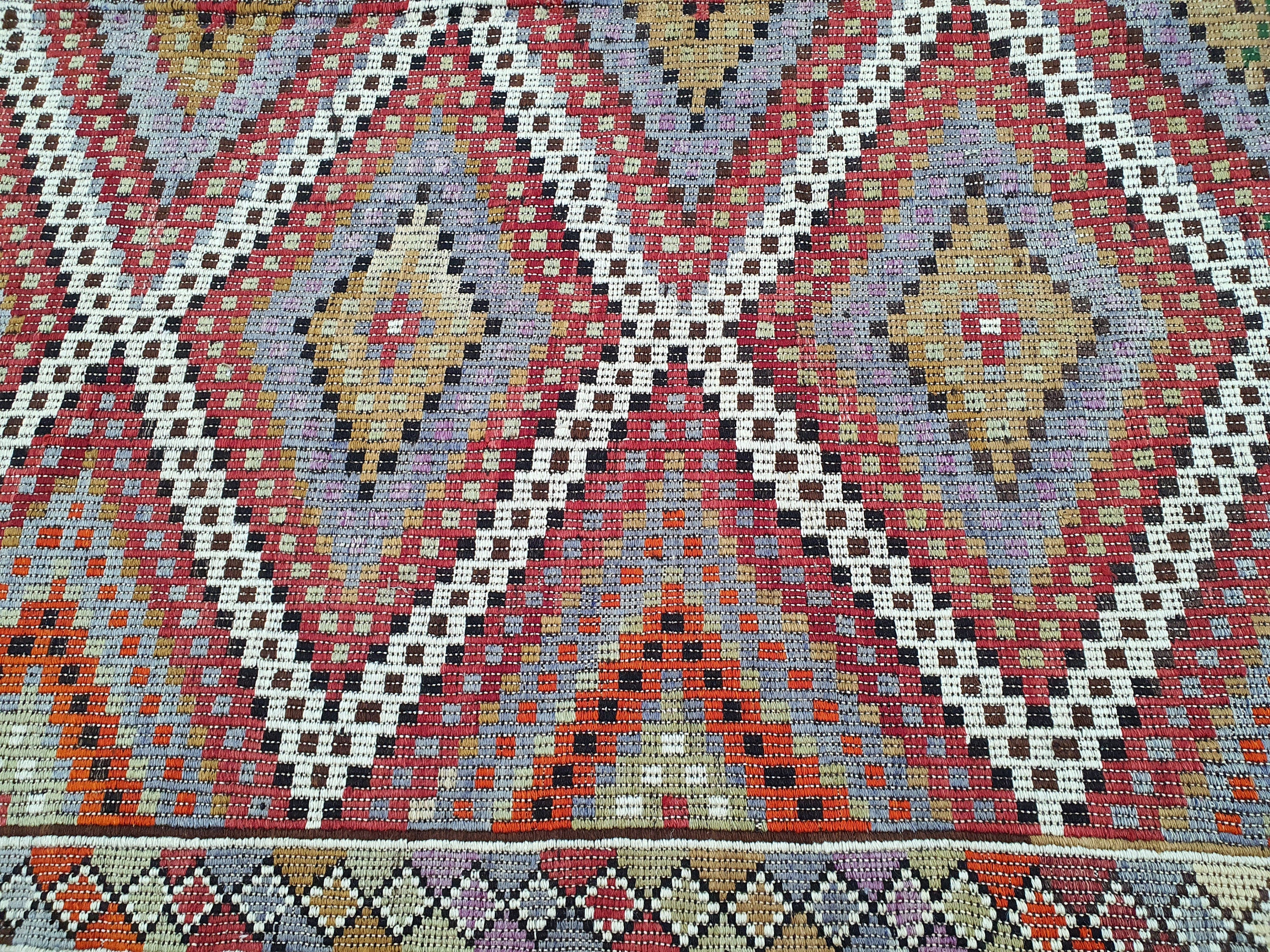 Brown Turkish Kilim Rug, 8 x 6 ft Red Blue & White Turkish Cicim Embroidery on Turkish Kilim, Boho Rustic Natural Wool Handmade Persian Rug