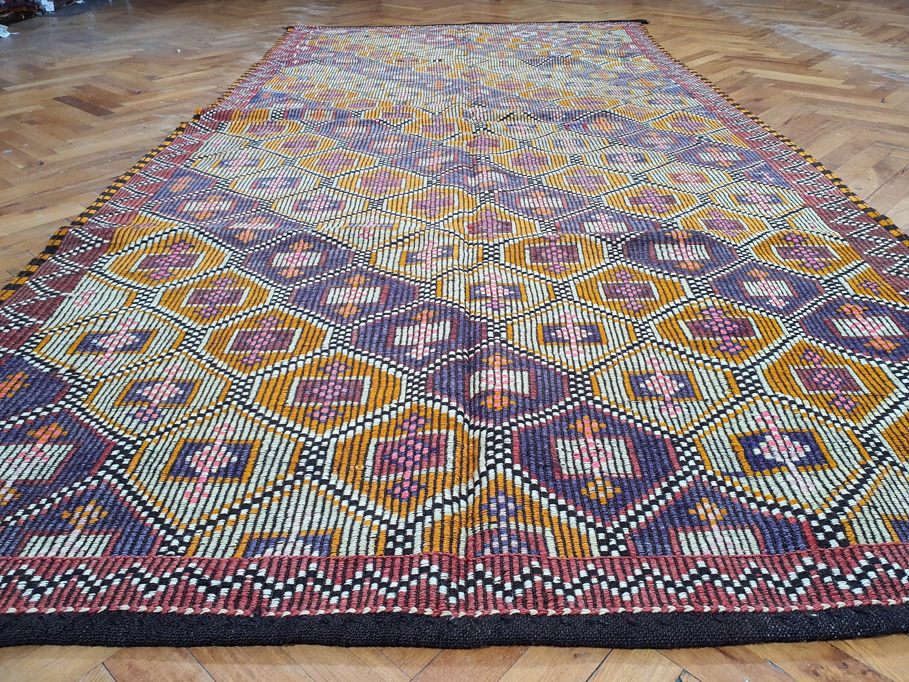 Brown Turkish Kilim Rug, 9 x 4 ft Pink Blue & White Turkish Cicim Embroidery on Turkish Kilim, Boho Rustic Natural Wool Handmade Persian Rug