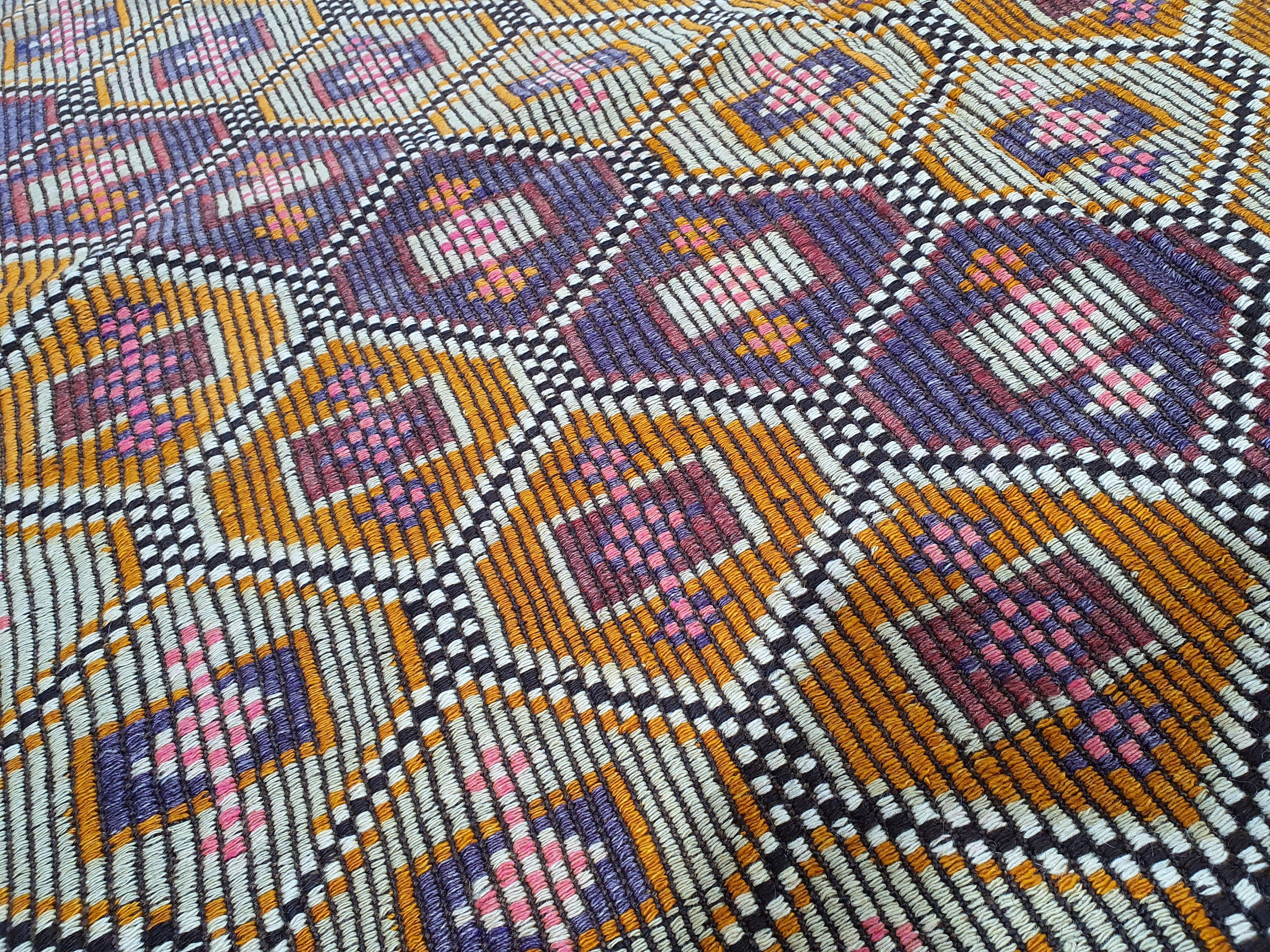 Brown Turkish Kilim Rug, 9 x 4 ft Pink Blue & White Turkish Cicim Embroidery on Turkish Kilim, Boho Rustic Natural Wool Handmade Persian Rug