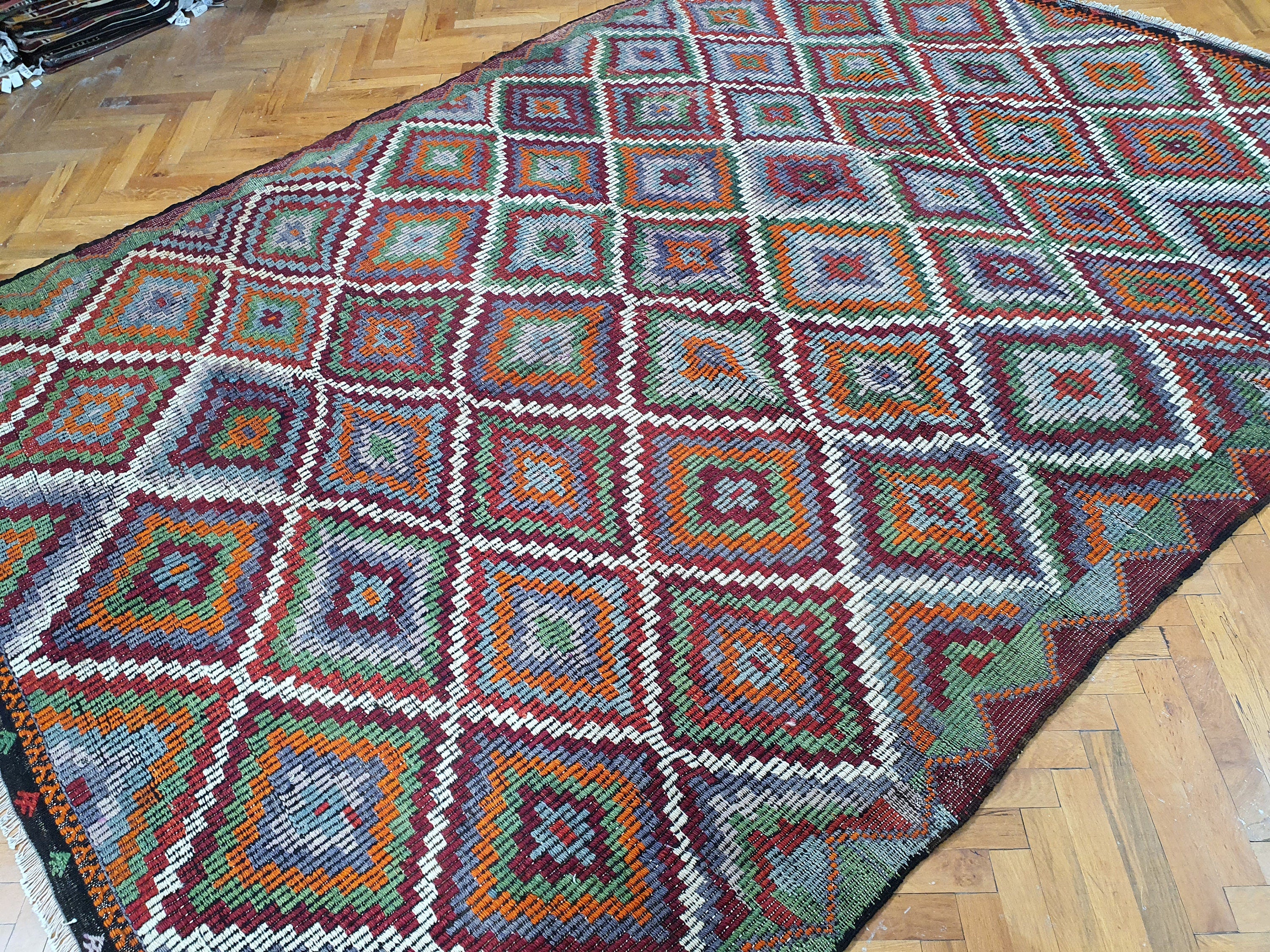 Brown Turkish Kilim Rug, 8 x 6 ft Pink Blue & White Turkish Cicim Embroidery on Turkish Kilim, Boho Rustic Natural Wool Handmade Persian Rug