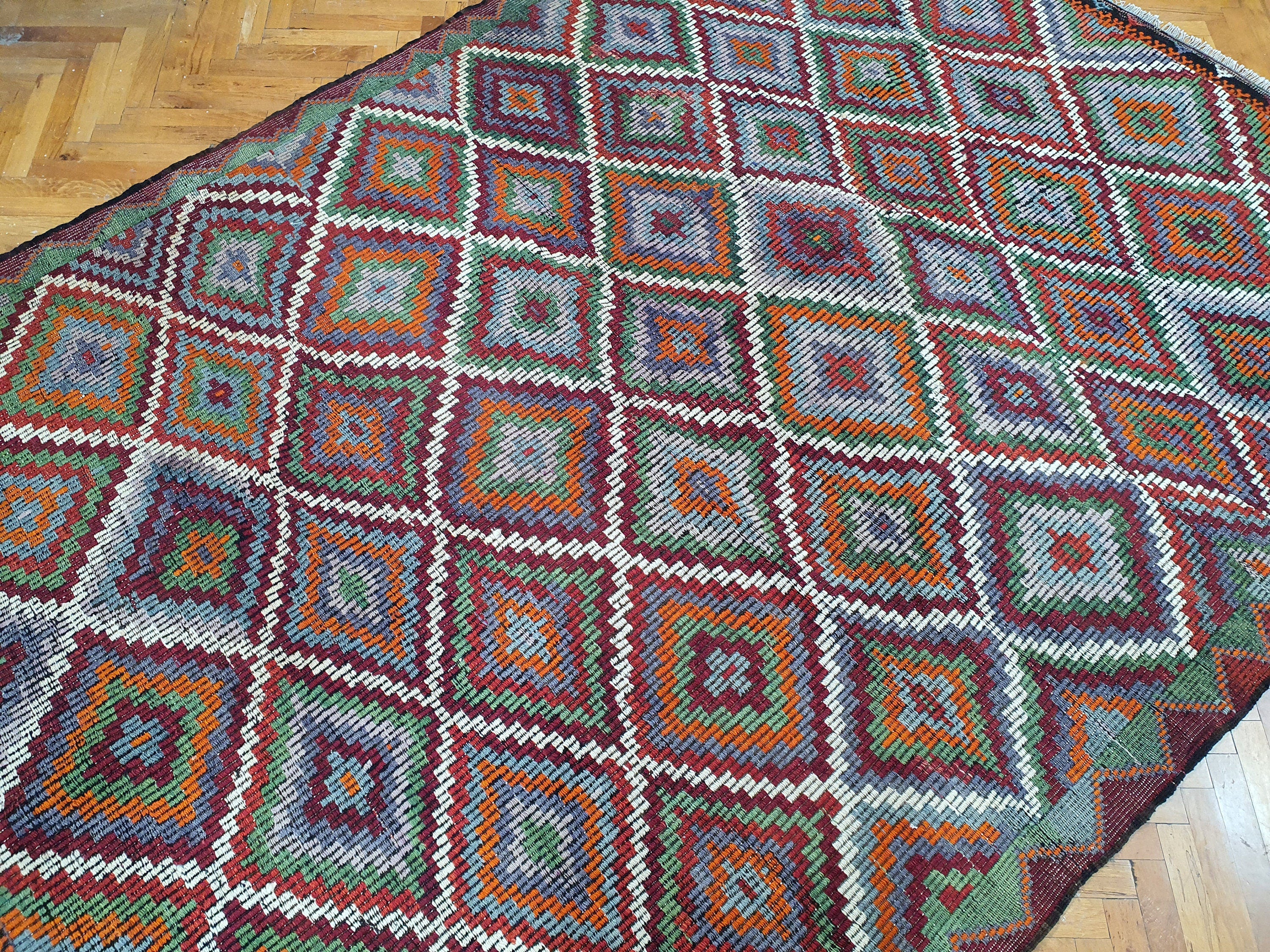 Brown Turkish Kilim Rug, 8 x 6 ft Pink Blue & White Turkish Cicim Embroidery on Turkish Kilim, Boho Rustic Natural Wool Handmade Persian Rug