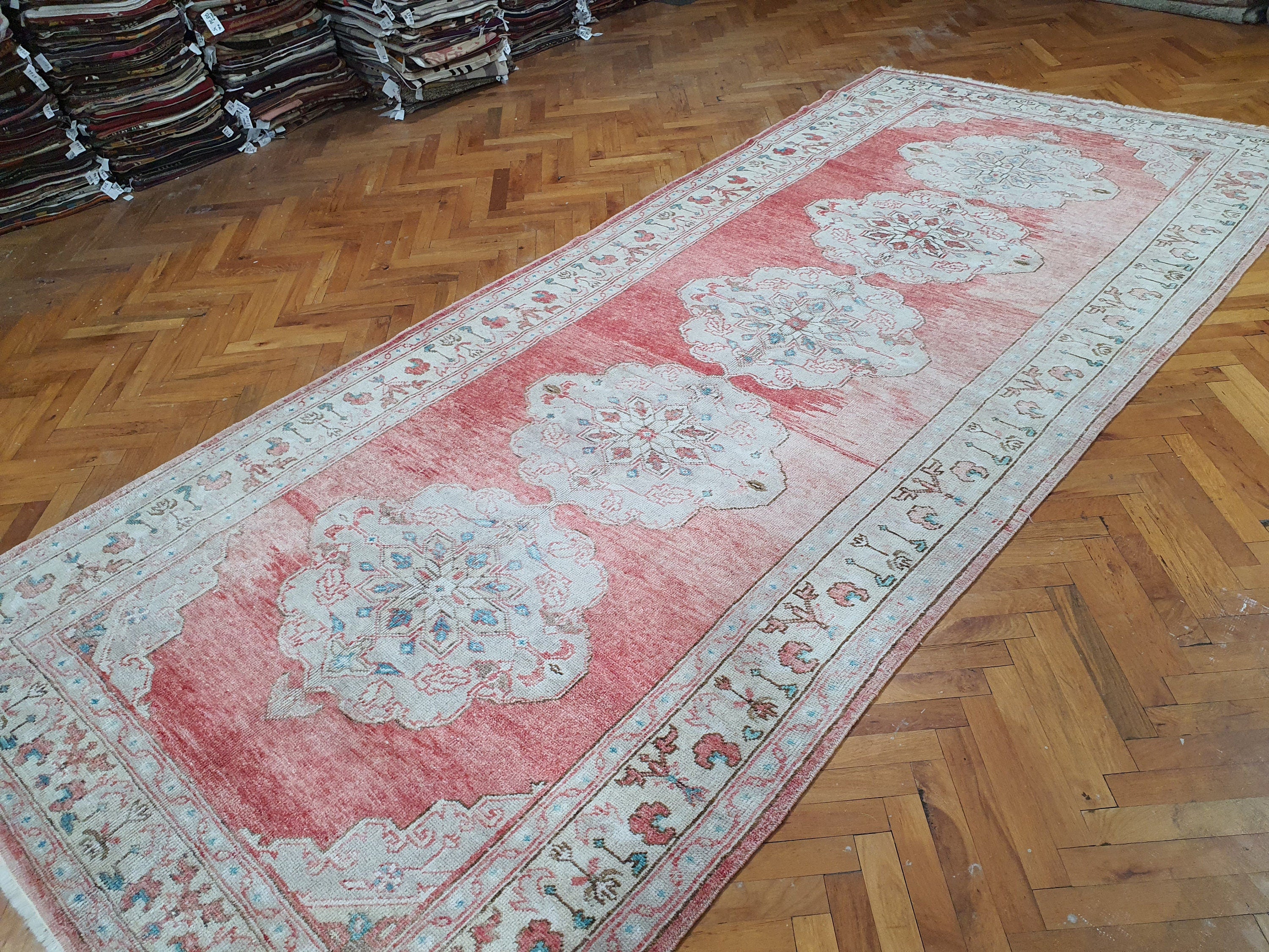 Tapis rustique de style bohème délavé vintage, tapis vieilli, tapis persan délavé pastel, décoration de salon en laine naturelle 11'2''x4'9'' pieds
