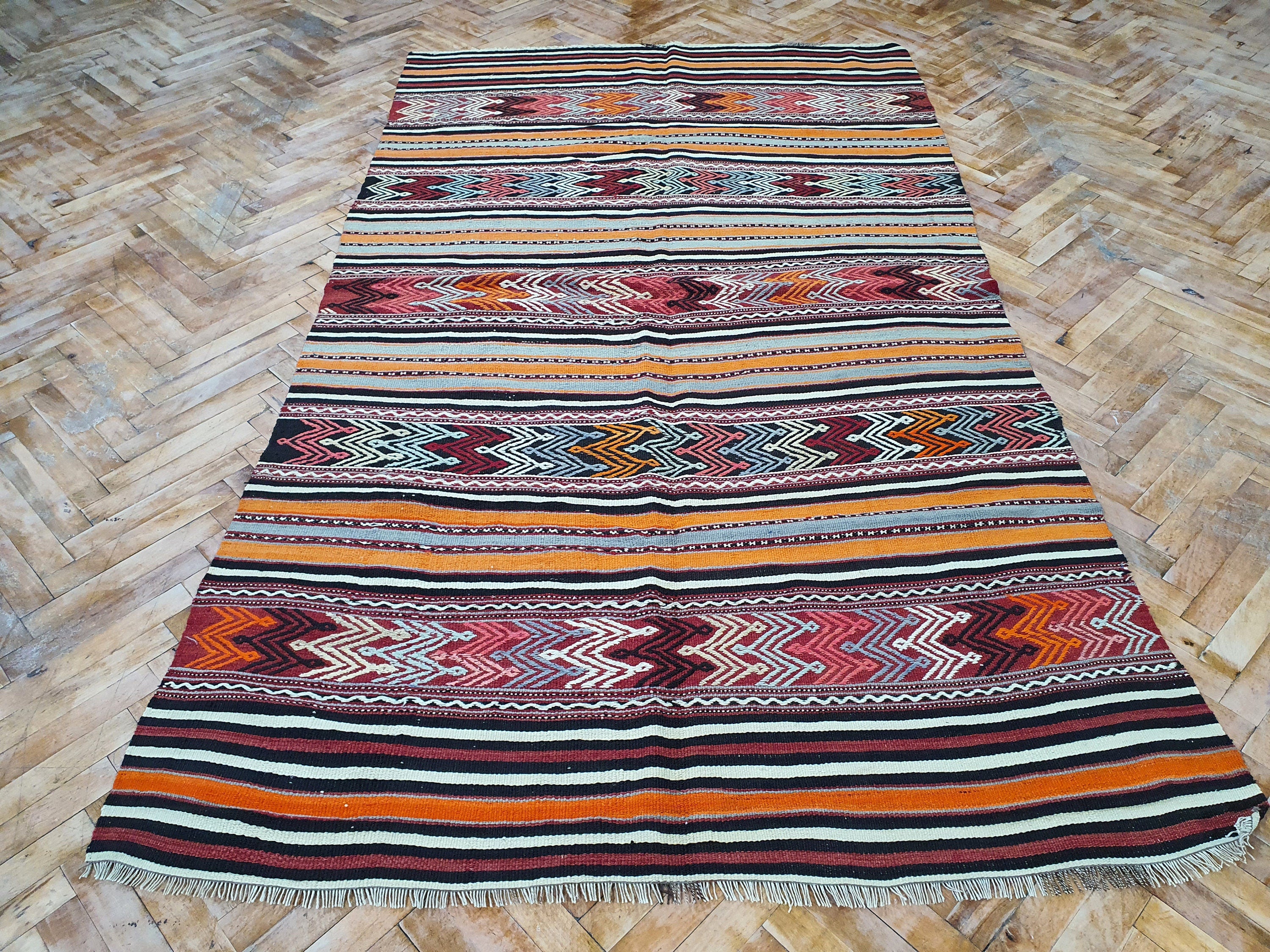 Tribal Kilim Rug, Living Room Rug, Rustic Rug, Organic Wool Rug, Antique Rugs, Ethnic Boho Brown and Orange Persian Area Rug 7'9''x4'6'' ft