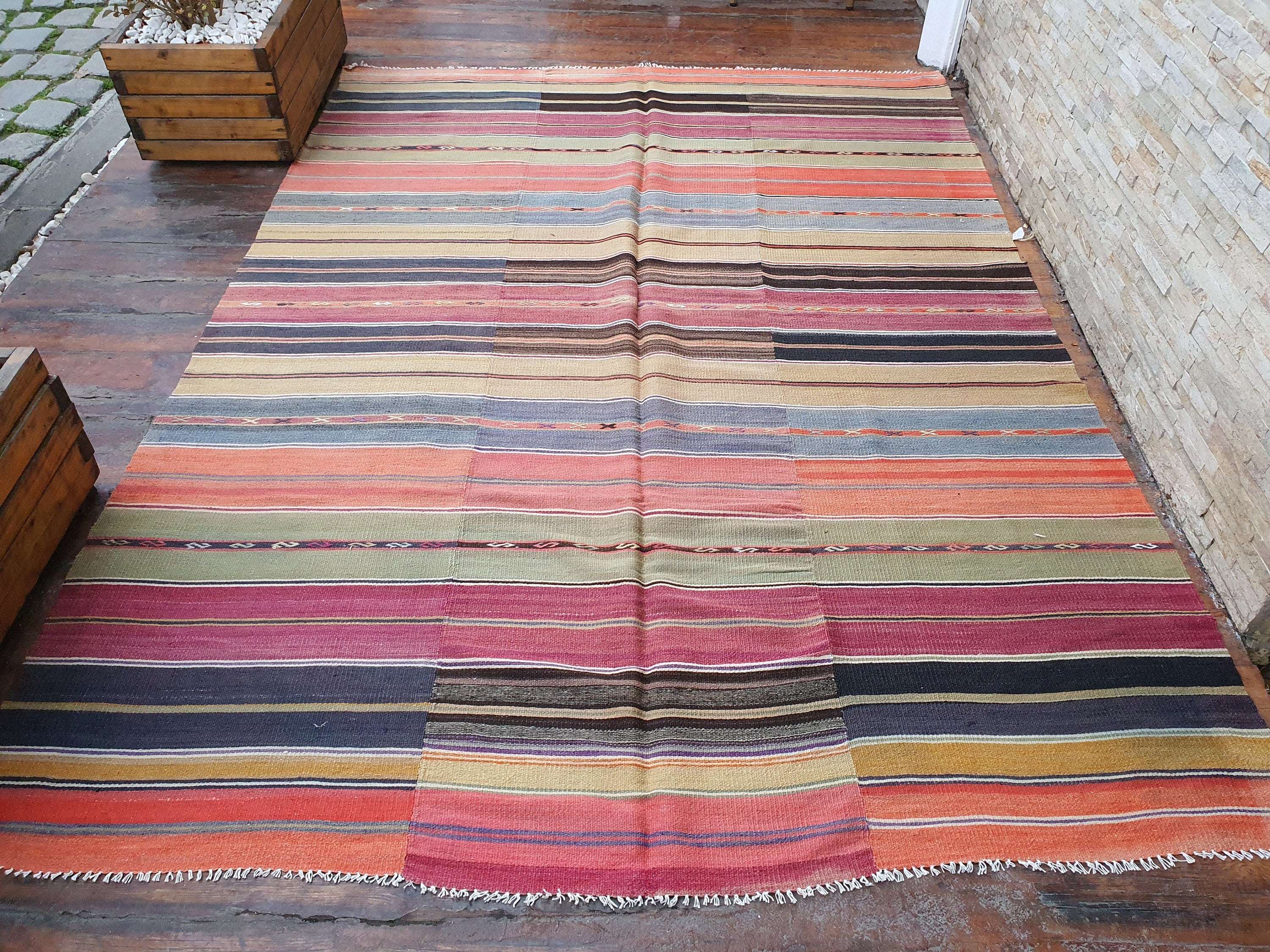 Alfombra retro con decoración vintage, alfombra persa estilo kilim para sala de estar, alfombra de lana hecha a mano de estilo marroquí, alfombra bohemia rústica turca colorida de 8,5 x 6,3 pies