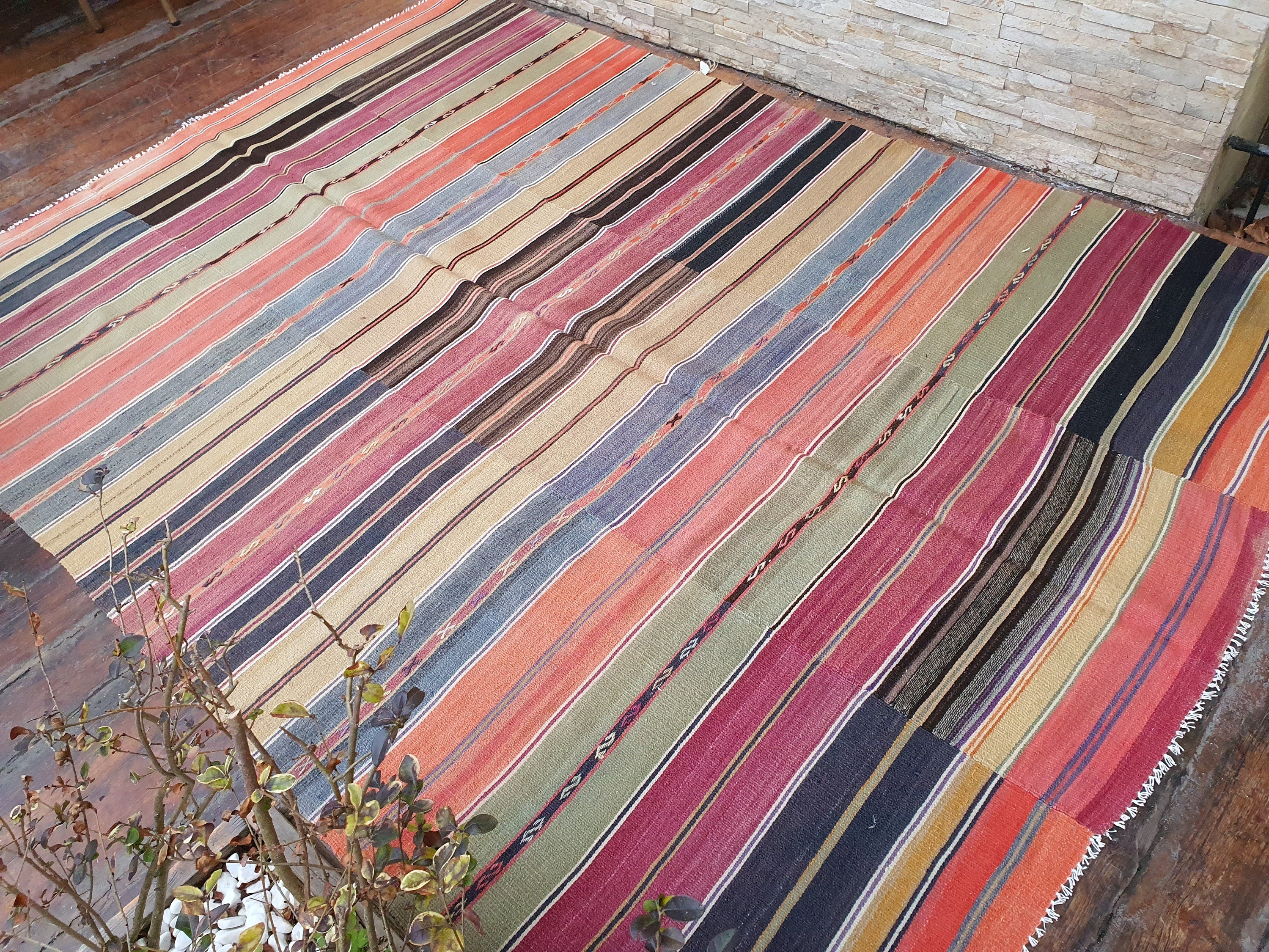 Alfombra retro con decoración vintage, alfombra persa estilo kilim para sala de estar, alfombra de lana hecha a mano de estilo marroquí, alfombra bohemia rústica turca colorida de 8,5 x 6,3 pies