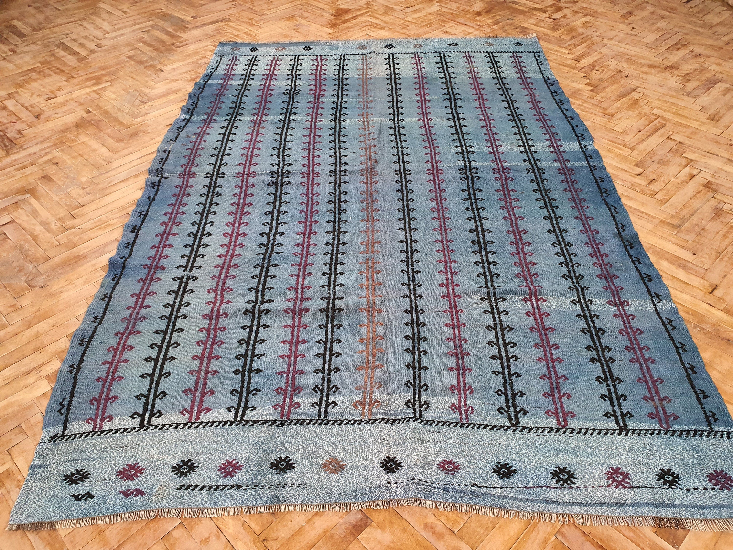 Alfombra Kilim turca vintage Balikesir, alfombra Kilim de lana orgánica hecha a mano de Anatolia bordada, alfombra persa con decoración rústica bohemia de 8'8" x 5'7'