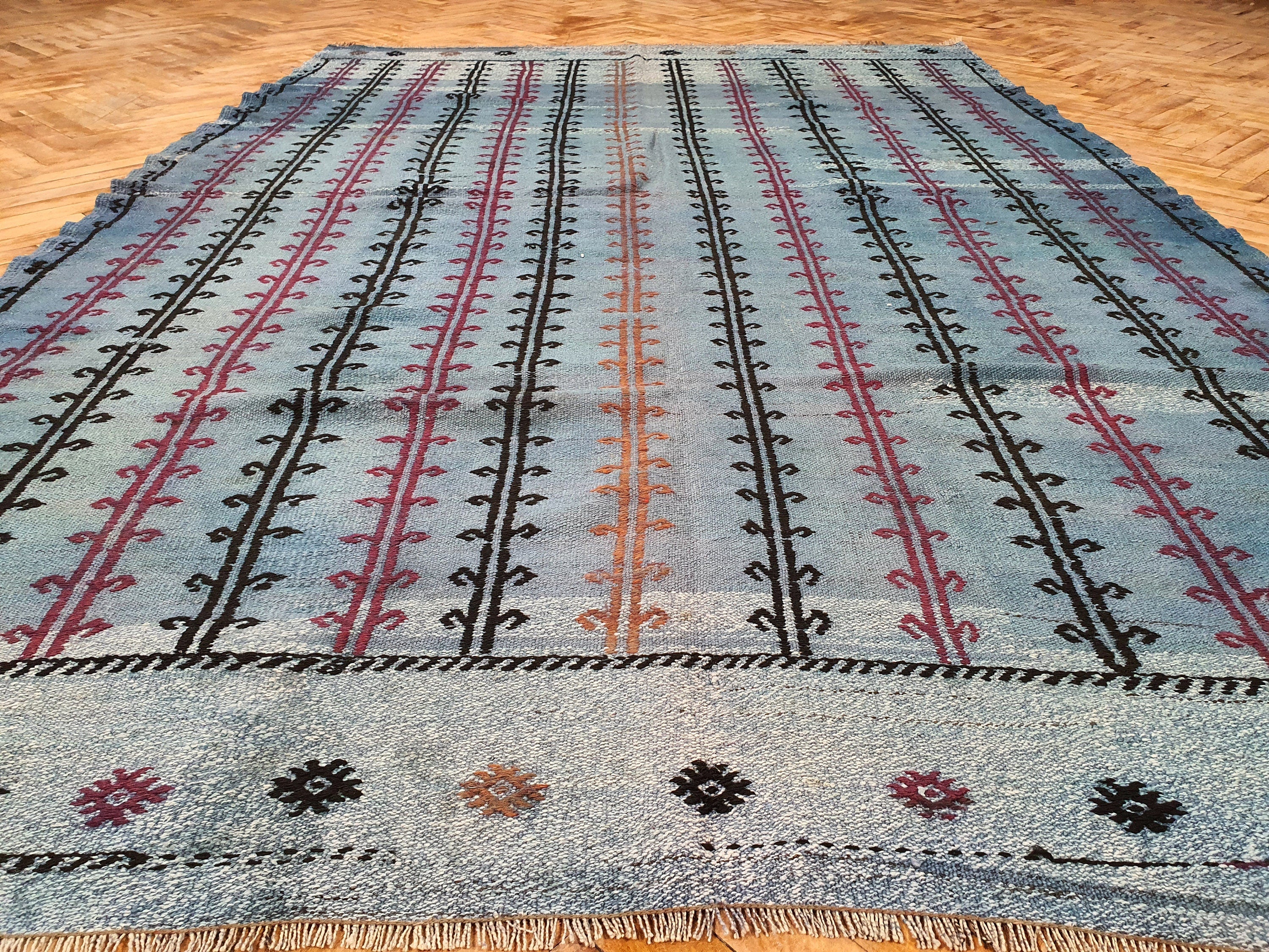 Alfombra Kilim turca vintage Balikesir, alfombra Kilim de lana orgánica hecha a mano de Anatolia bordada, alfombra persa con decoración rústica bohemia de 8'8" x 5'7'