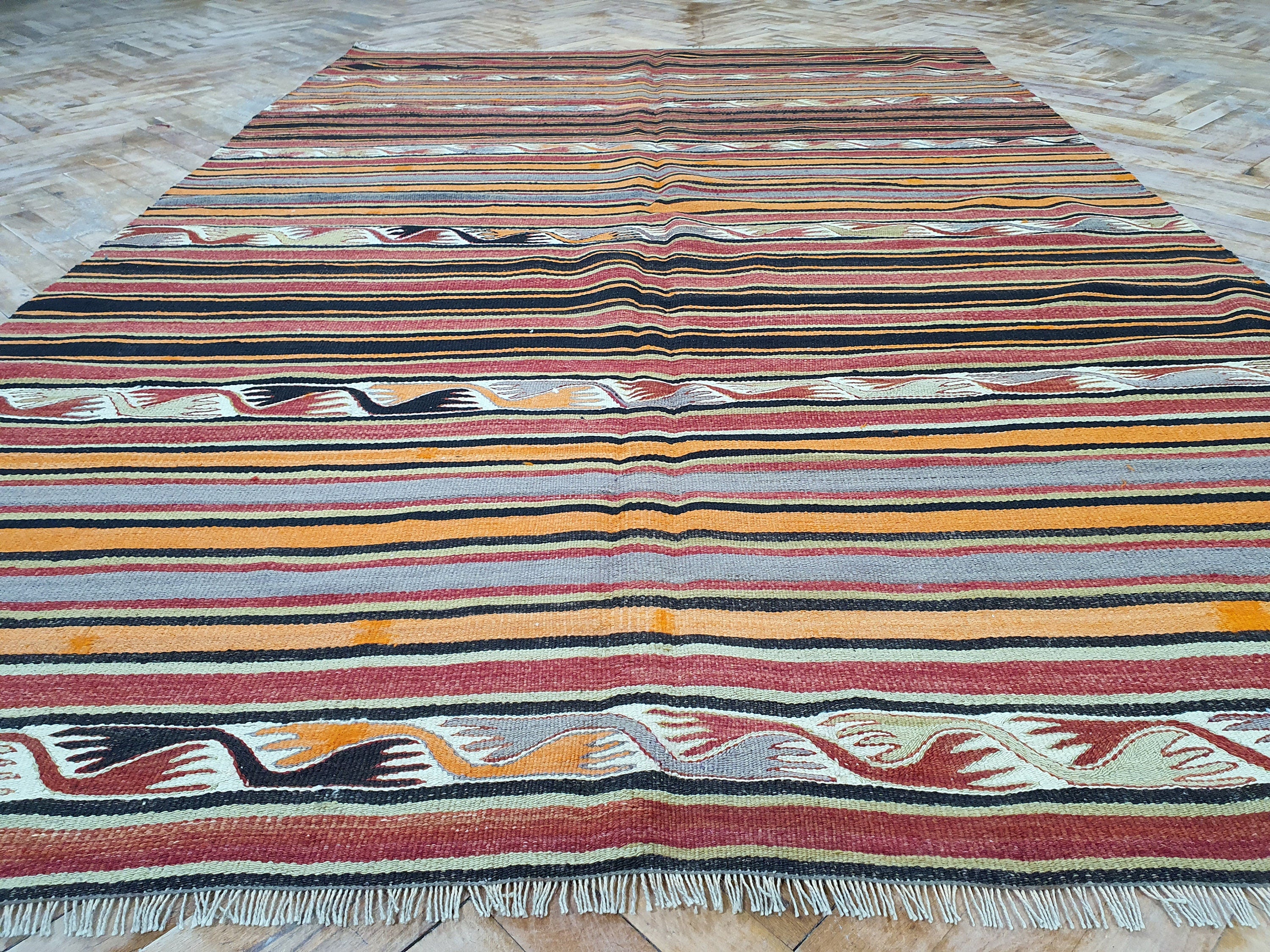 Vintage Decor Persian Area Kilim Living Room, Moroccan Style Handwoven Wool Rug, Bohemian Decor Rustic Rug, Colorful Turkish Rug 7'5''x'5'ft