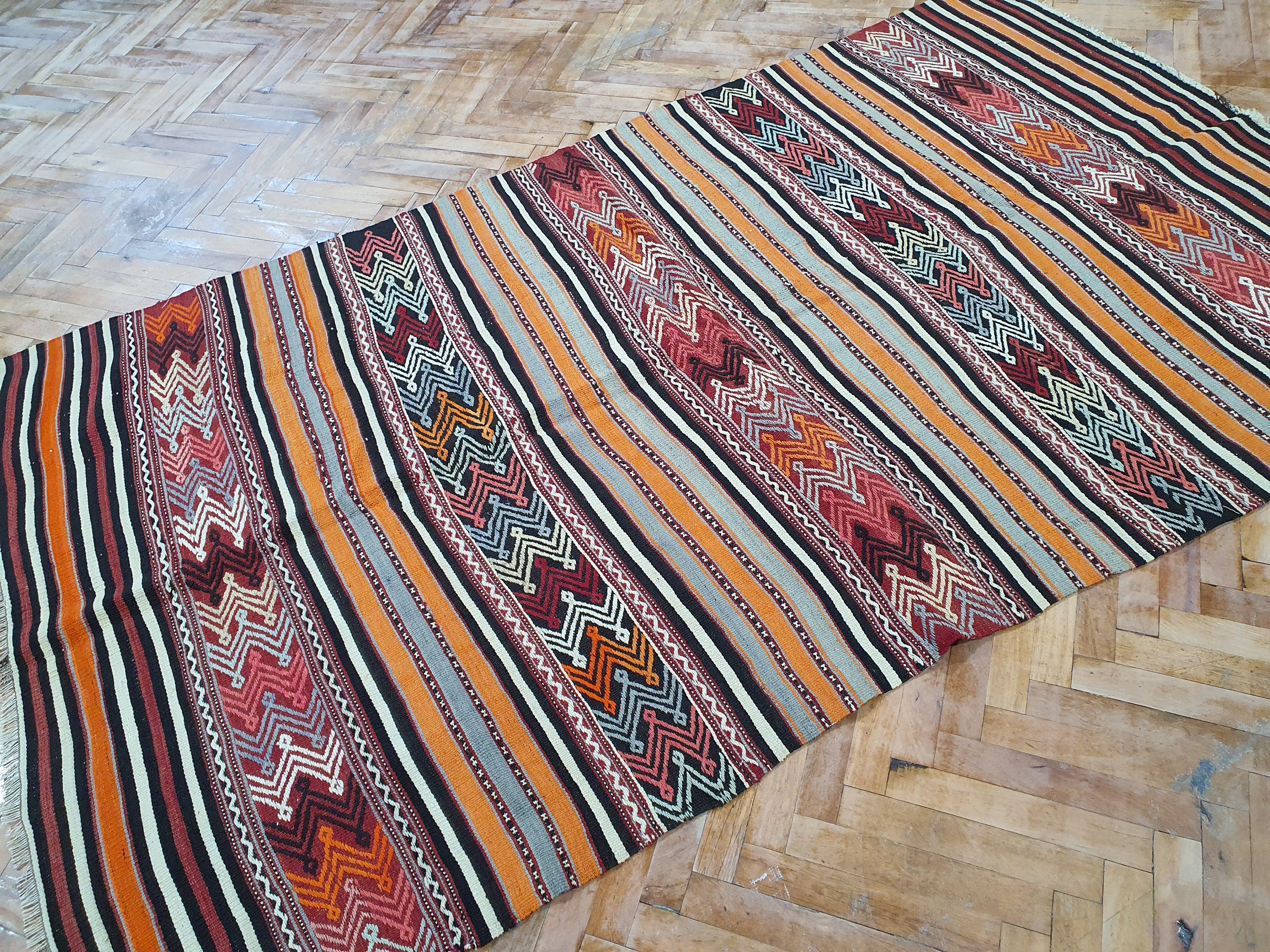 Tribal Kilim Rug, Living Room Rug, Rustic Rug, Organic Wool Rug, Antique Rugs, Ethnic Boho Brown and Orange Persian Area Rug 7'9''x4'6'' ft