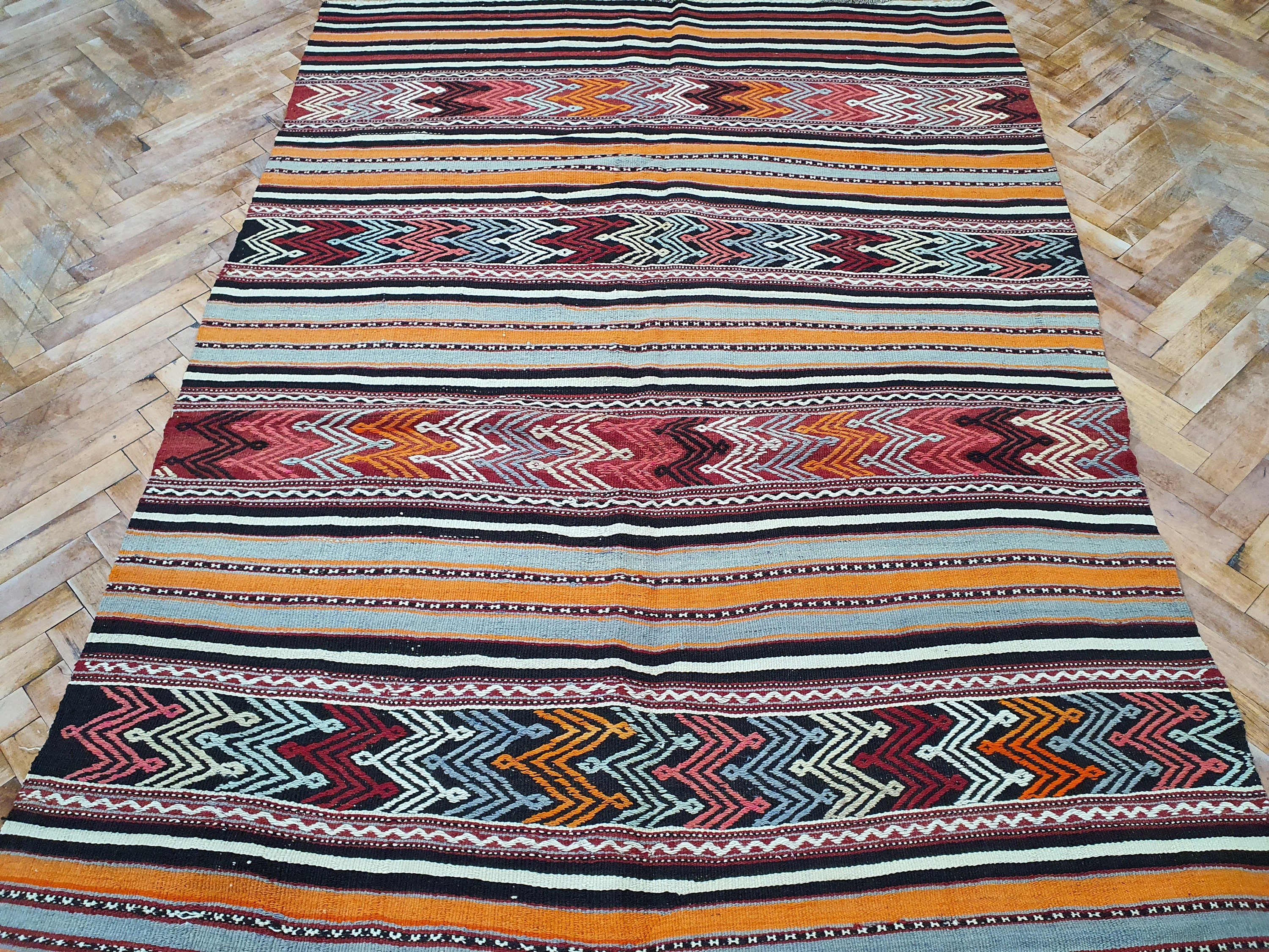 Tribal Kilim Rug, Living Room Rug, Rustic Rug, Organic Wool Rug, Antique Rugs, Ethnic Boho Brown and Orange Persian Area Rug 7'9''x4'6'' ft