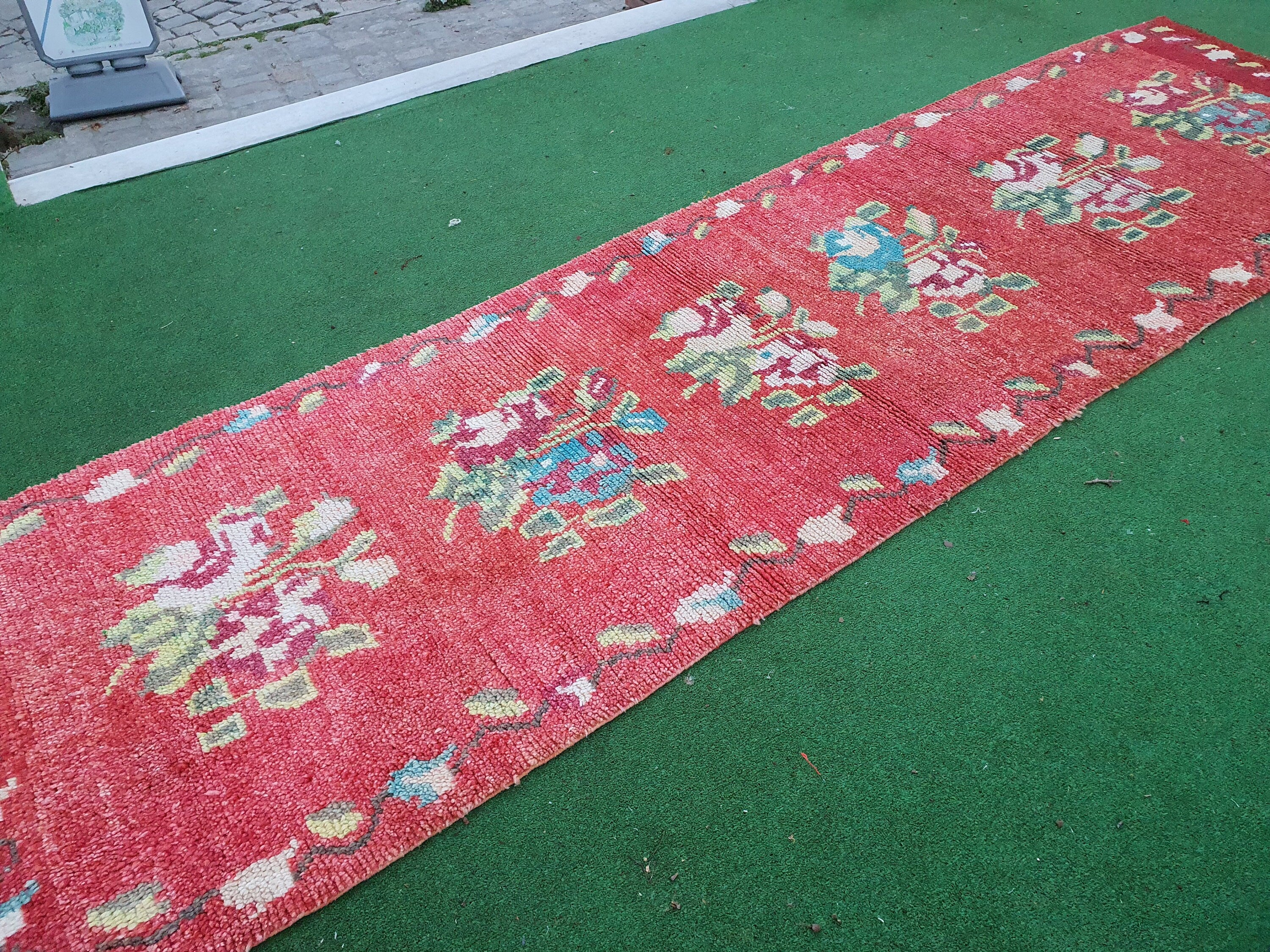 Herki Turkish Runner Rug 12 x 3 ft Long Persian Moroccan Style Natural Wool Recycled Rug, Bohemian Rustic Decor Vintage Oriental Hallway Rug