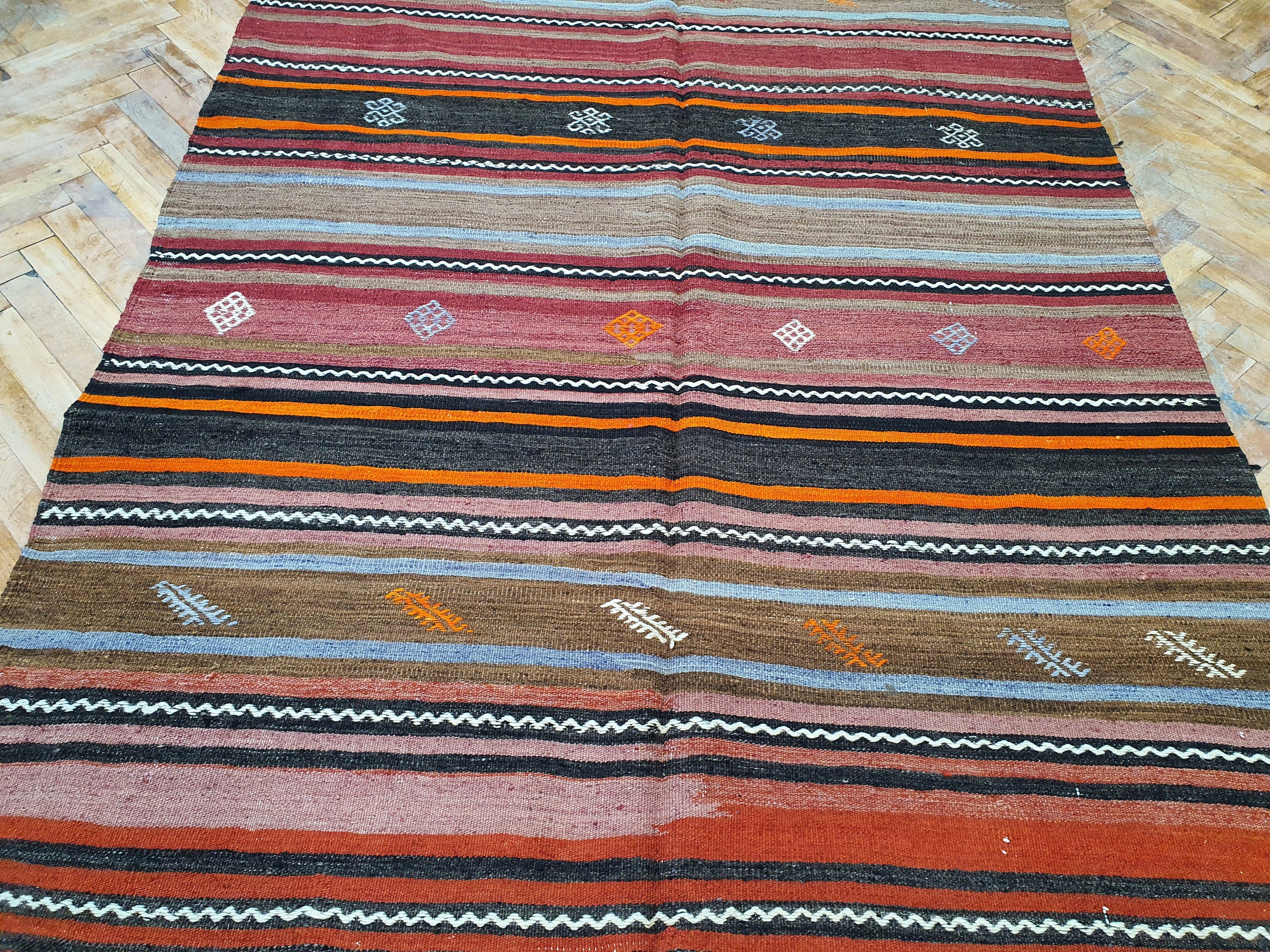 Konya Striped Cicim Turkish Kilim Rug, Embroidered Anatolian Handmade Organic Wool Kilim Rug, Bohemian Rustic Persian Area Rug 8'2''x4'9''