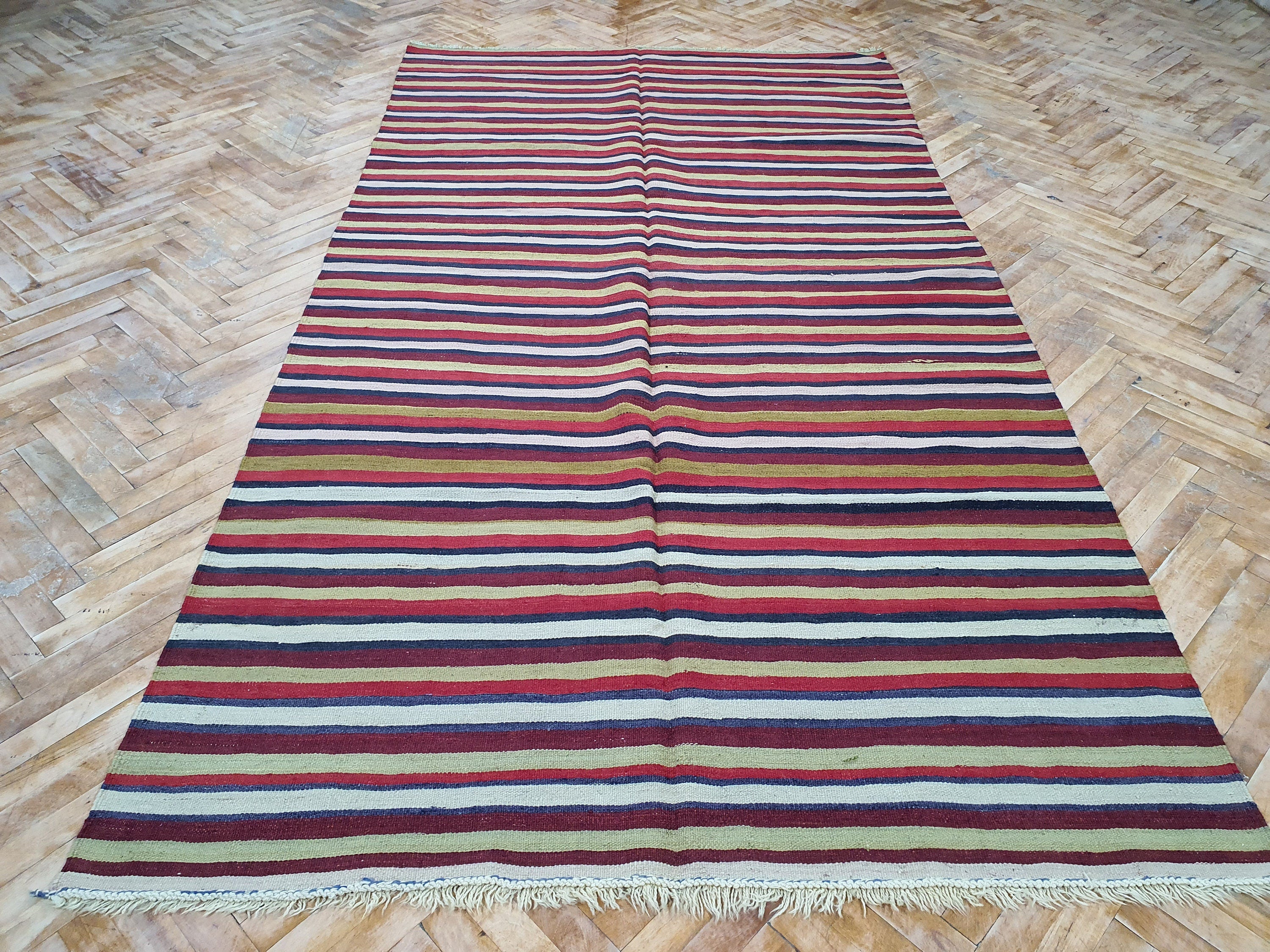 Konya Striped Cicim Turkish Kilim Rug, Embroidered Anatolian Handmade Organic Wool Kilim Rug, Bohemian Rustic Persian Area Rug 9'3''x''5''