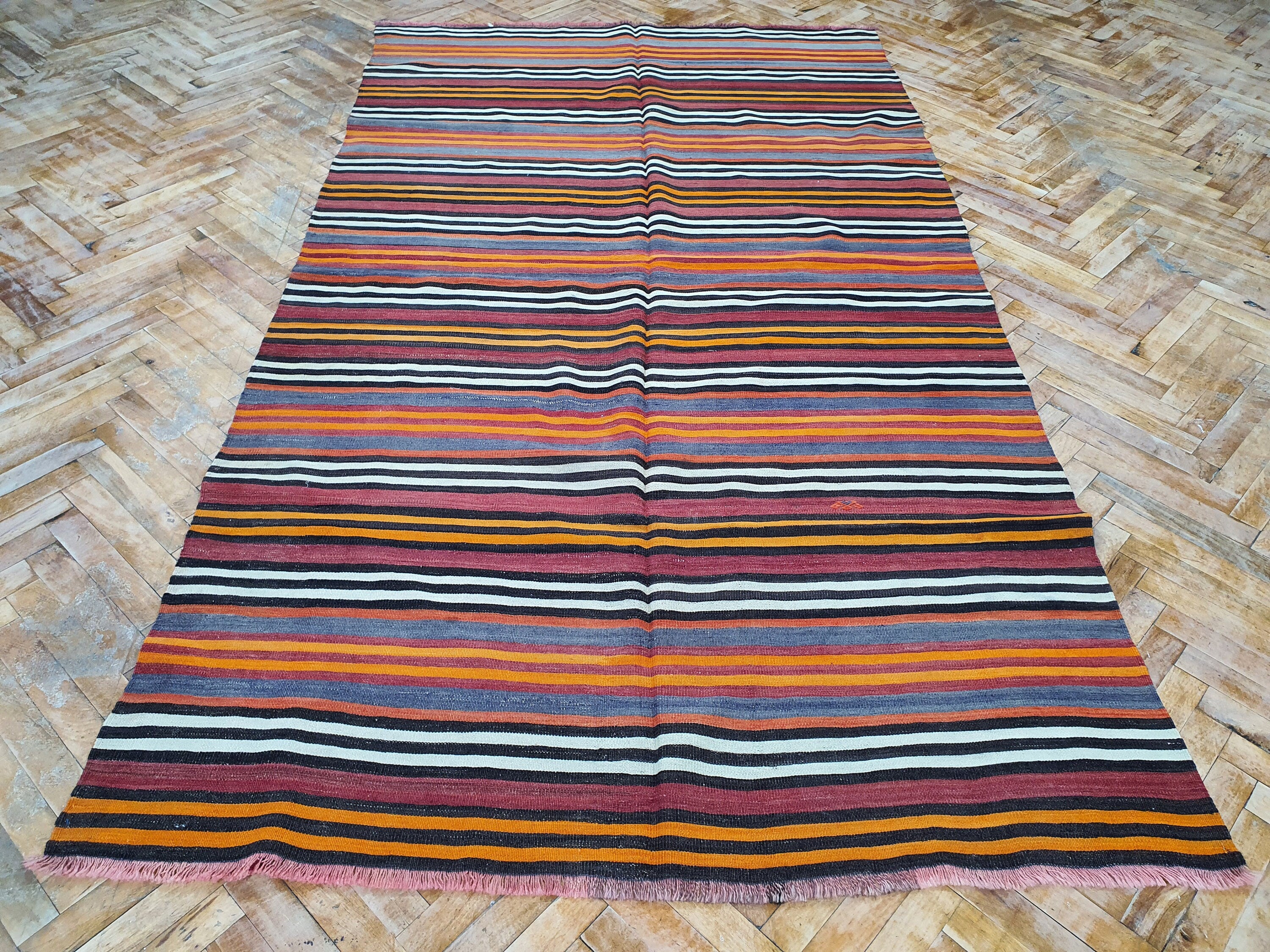 Konya Striped Woven Turkish Kilim Rug, Embroidered Anatolian Handmade Organic Wool Kilim Rug, Bohemian Rustic Persian Area Rug 8'6''x4'9''