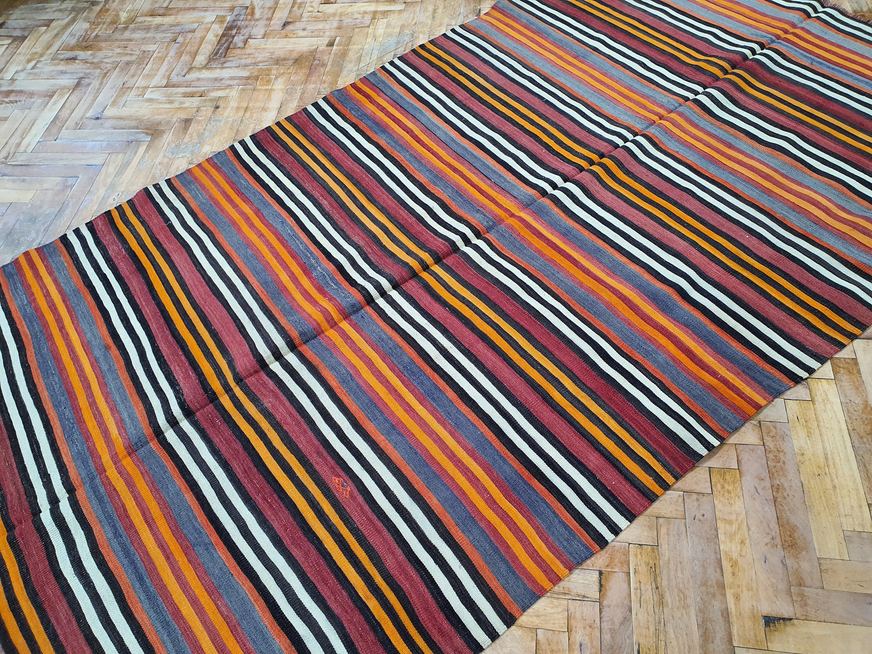 Konya Striped Woven Turkish Kilim Rug, Embroidered Anatolian Handmade Organic Wool Kilim Rug, Bohemian Rustic Persian Area Rug 8'6''x4'9''