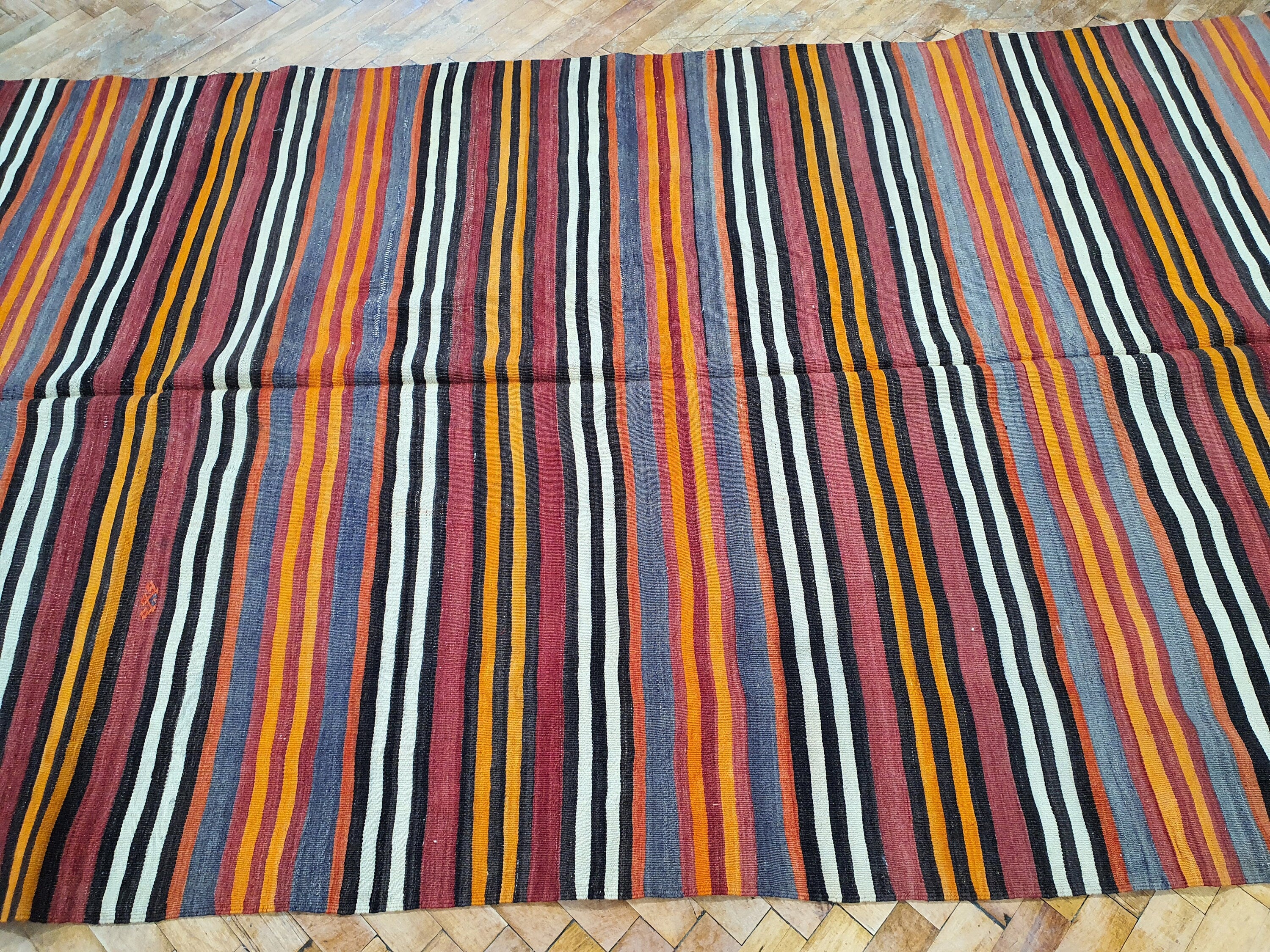 Konya Striped Woven Turkish Kilim Rug, Embroidered Anatolian Handmade Organic Wool Kilim Rug, Bohemian Rustic Persian Area Rug 8'6''x4'9''