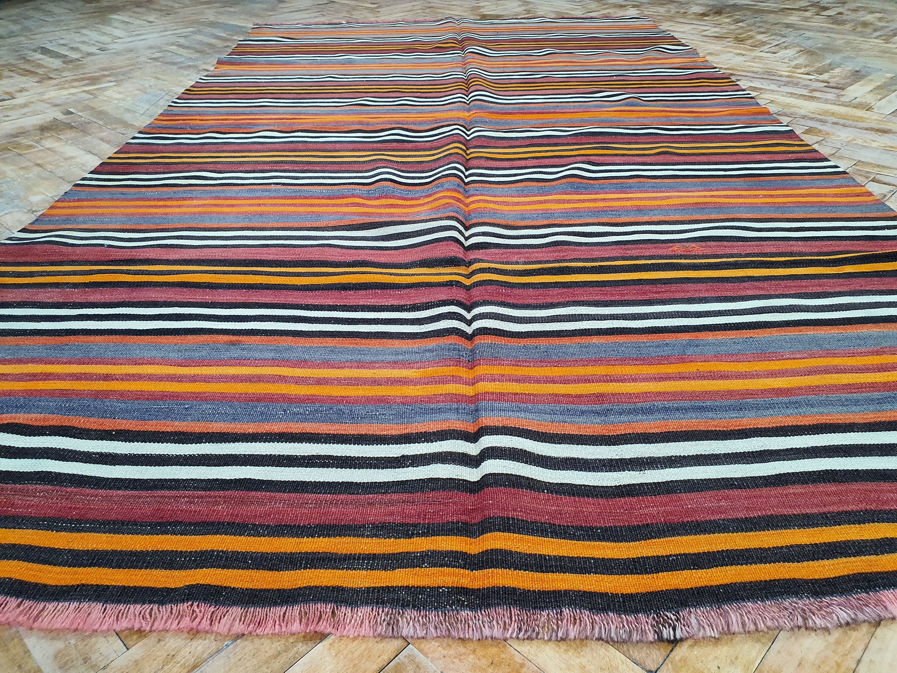 Konya Striped Woven Turkish Kilim Rug, Embroidered Anatolian Handmade Organic Wool Kilim Rug, Bohemian Rustic Persian Area Rug 8'6''x4'9''