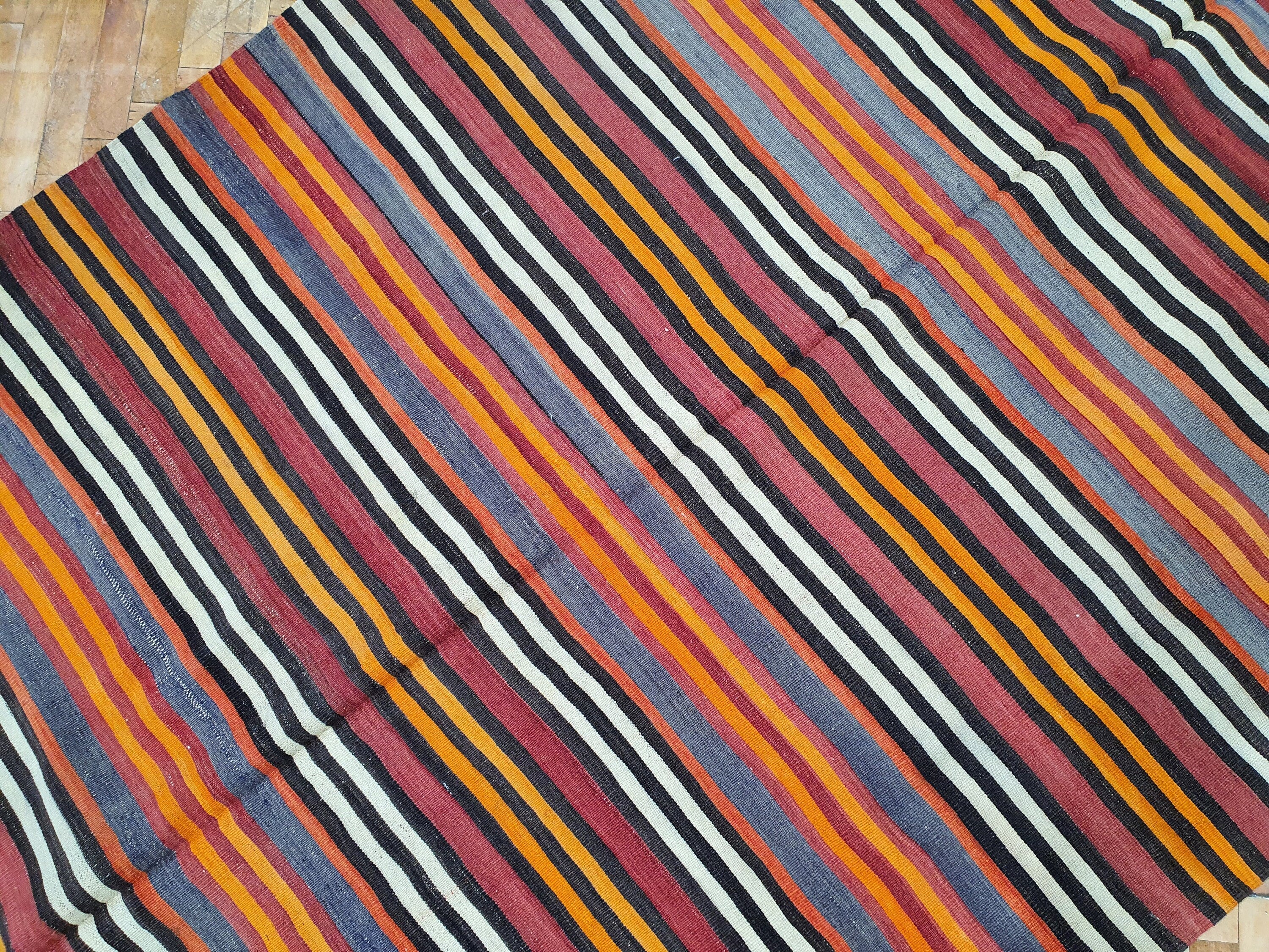 Konya Striped Woven Turkish Kilim Rug, Embroidered Anatolian Handmade Organic Wool Kilim Rug, Bohemian Rustic Persian Area Rug 8'6''x4'9''