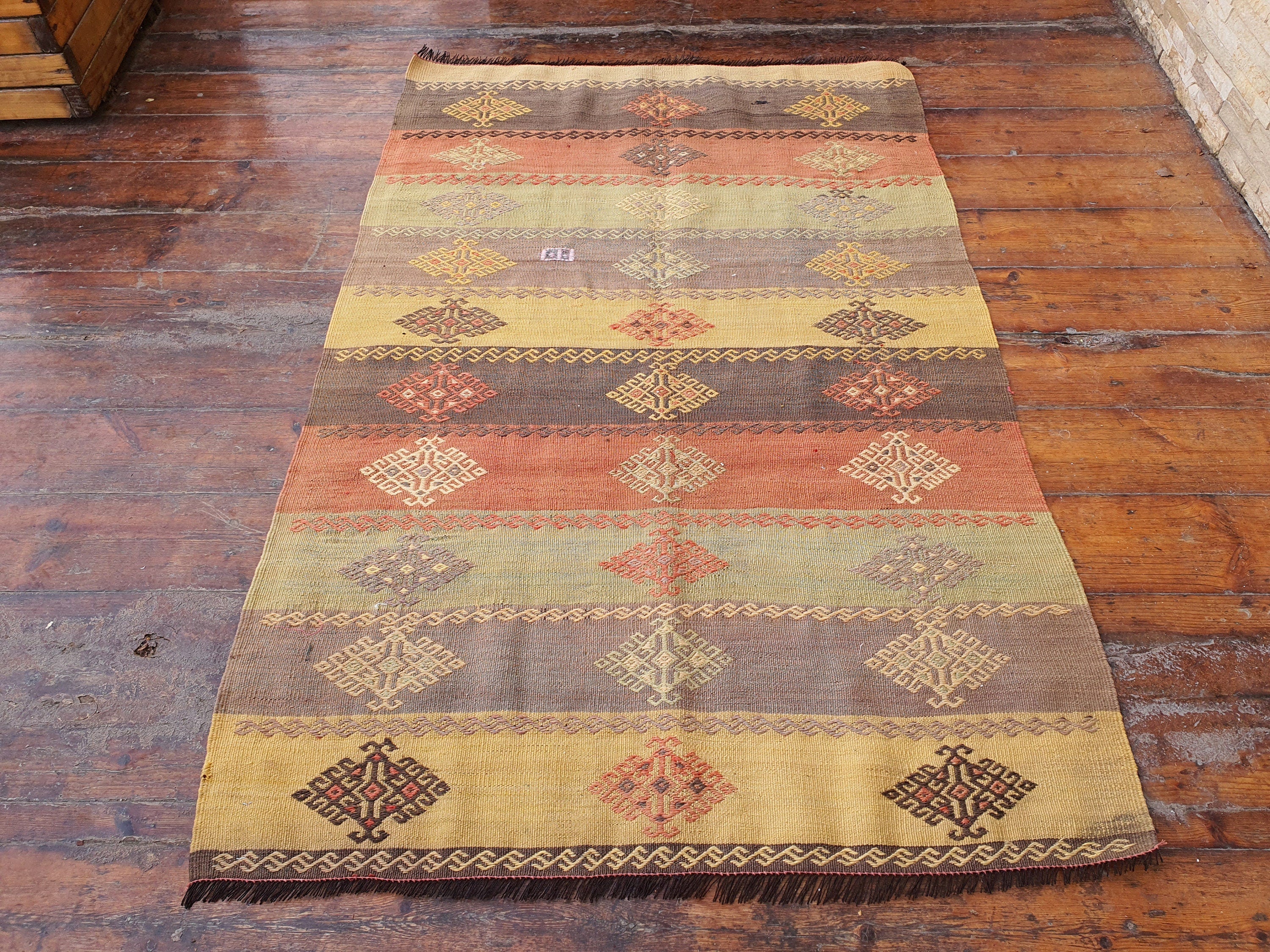 Alfombra Kilim turca de 4 x 3 pies, alfombra Cicim Kilim bordada en naranja y marrón