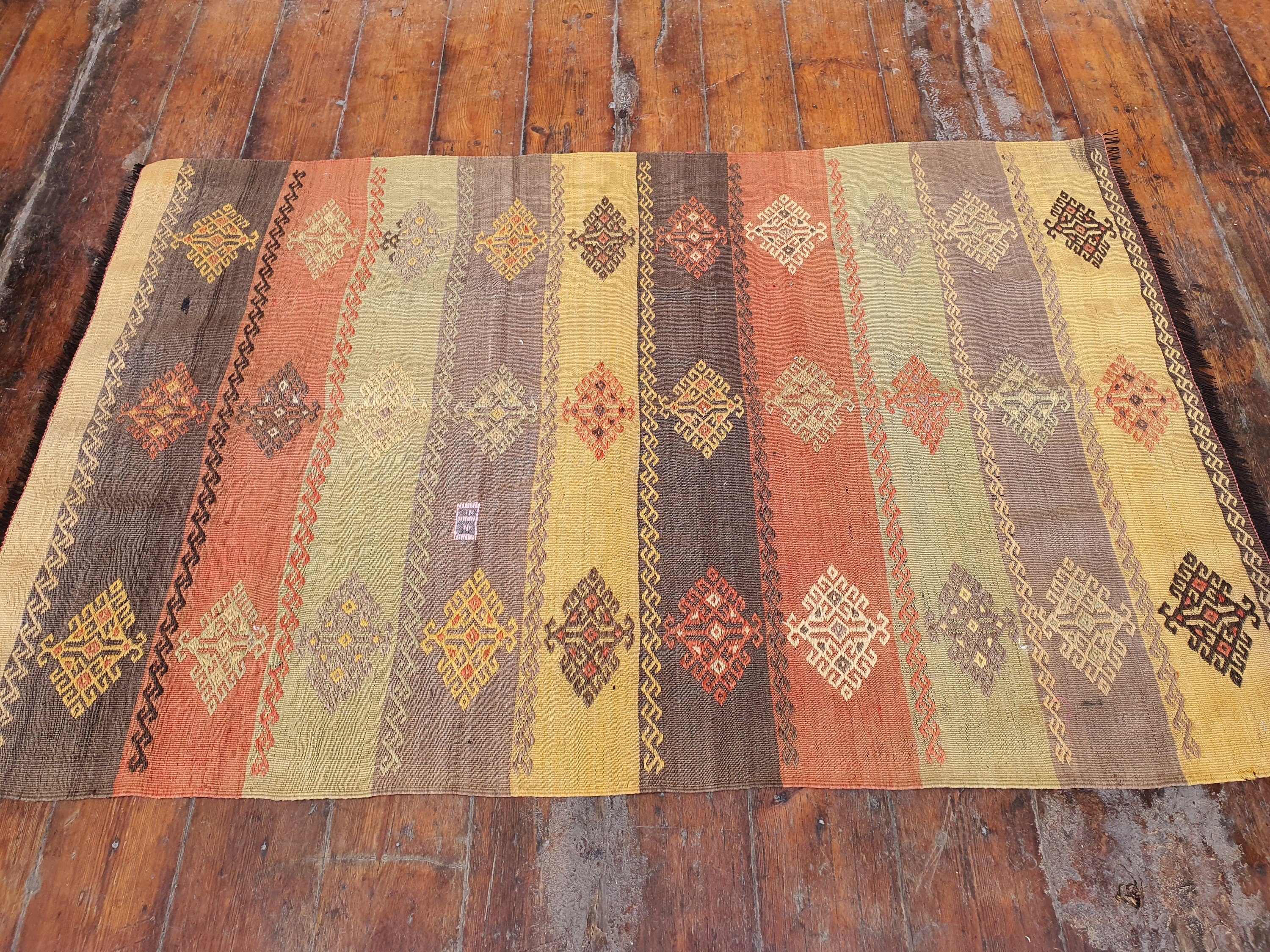 Alfombra Kilim turca de 4 x 3 pies, alfombra Cicim Kilim bordada en naranja y marrón