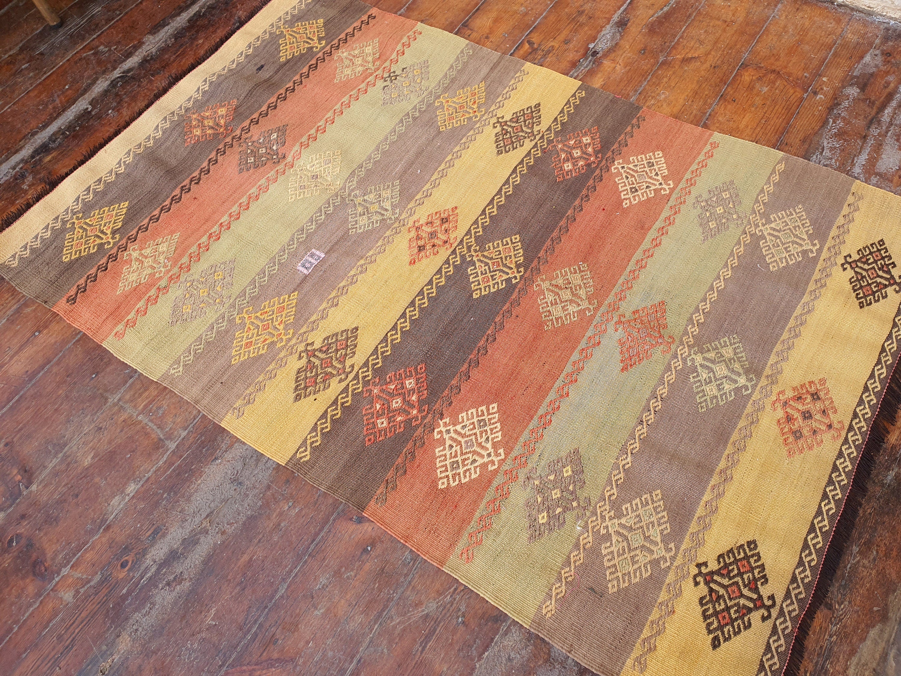 Alfombra Kilim turca de 4 x 3 pies, alfombra Cicim Kilim bordada en naranja y marrón