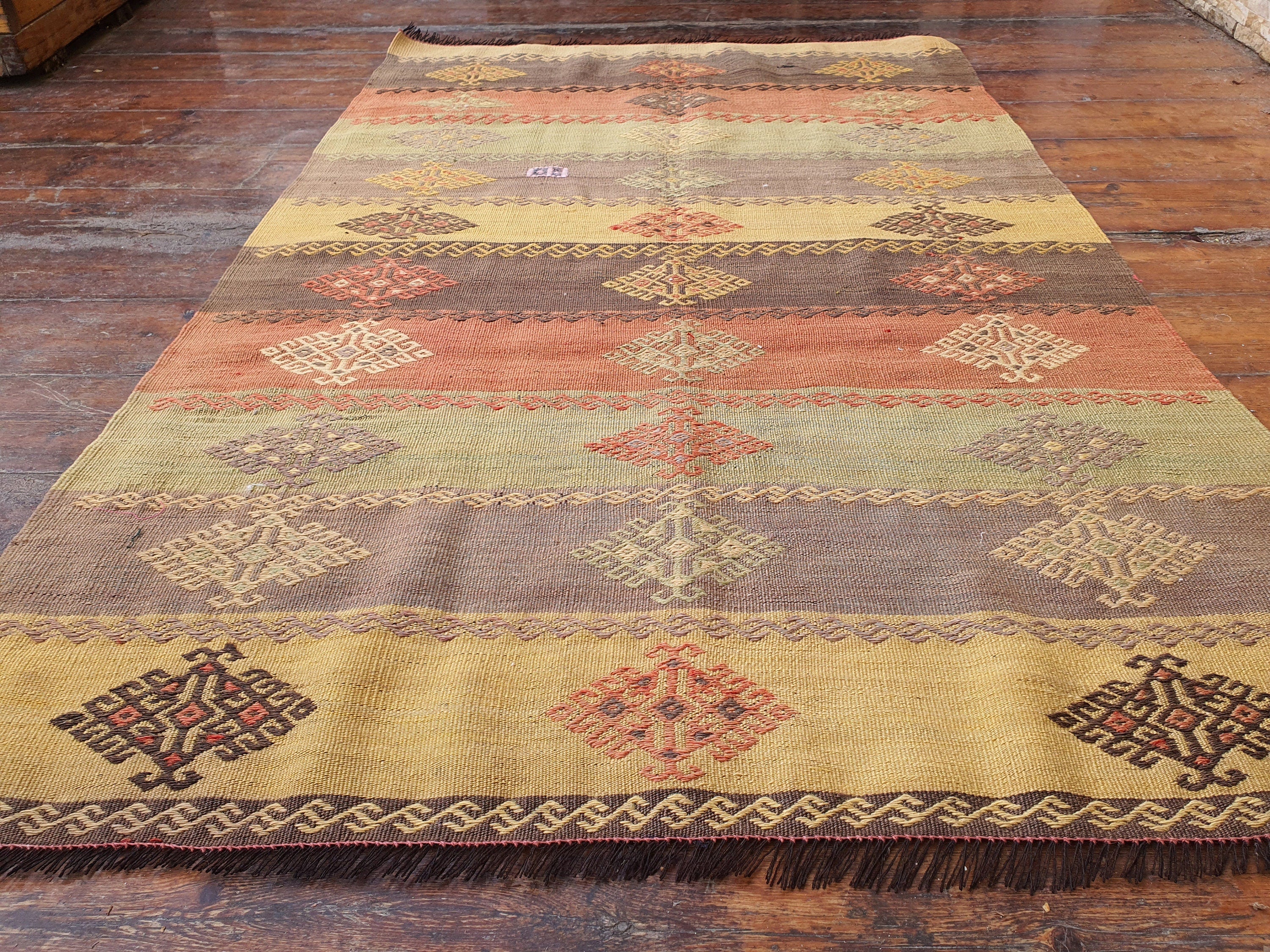 Alfombra Kilim turca de 4 x 3 pies, alfombra Cicim Kilim bordada en naranja y marrón