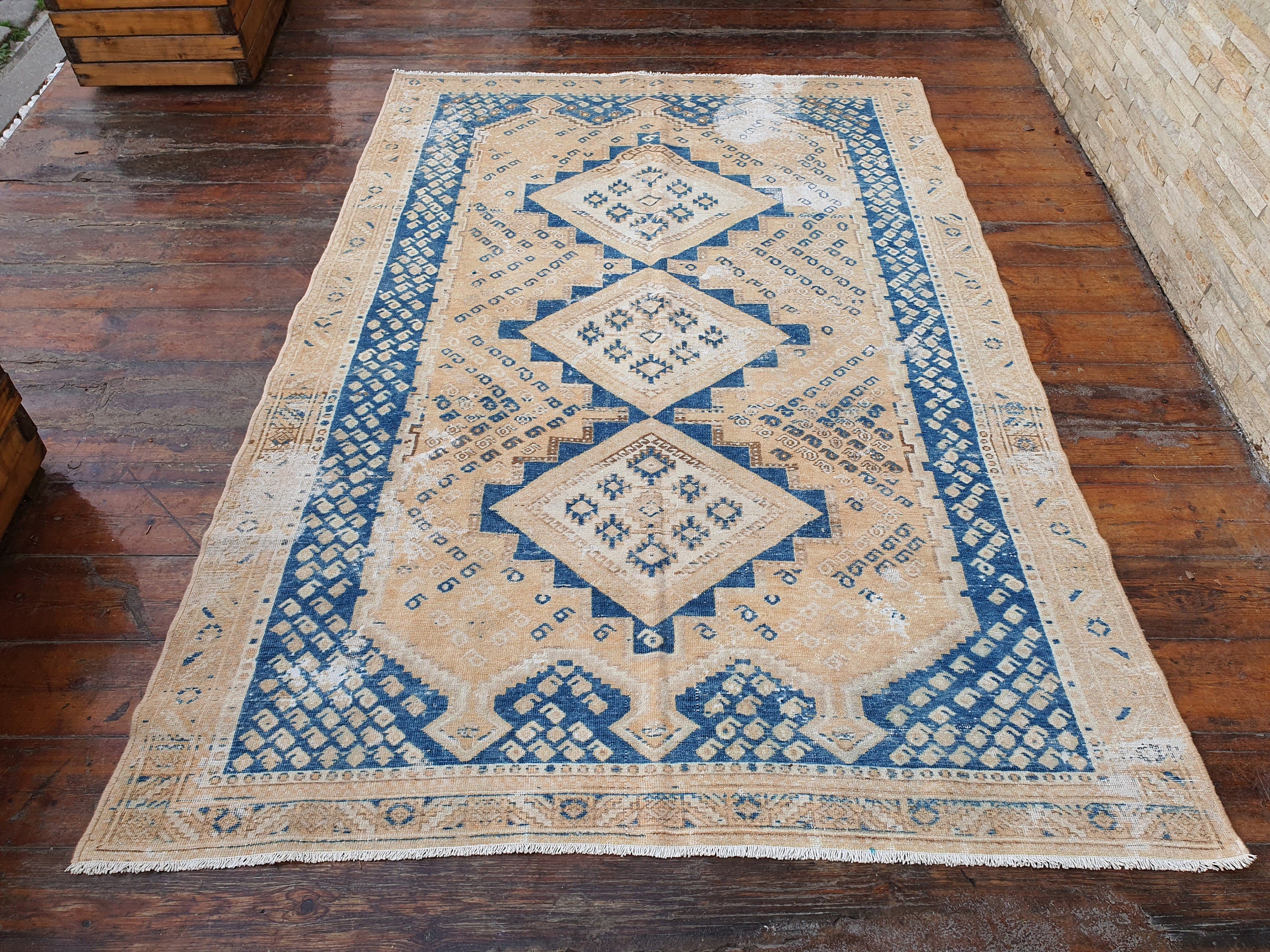 Tapis persan vintage, beige et bleu, 1,80 m x 1,20 m
