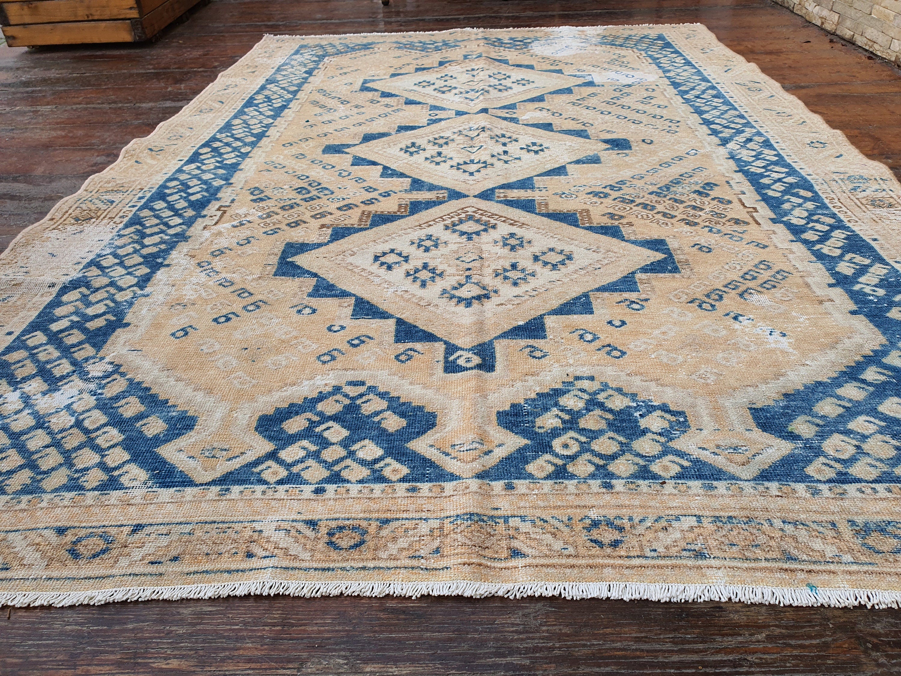 Alfombra persa vintage, alfombra beige y azul, 1,90 m x 1,30 m