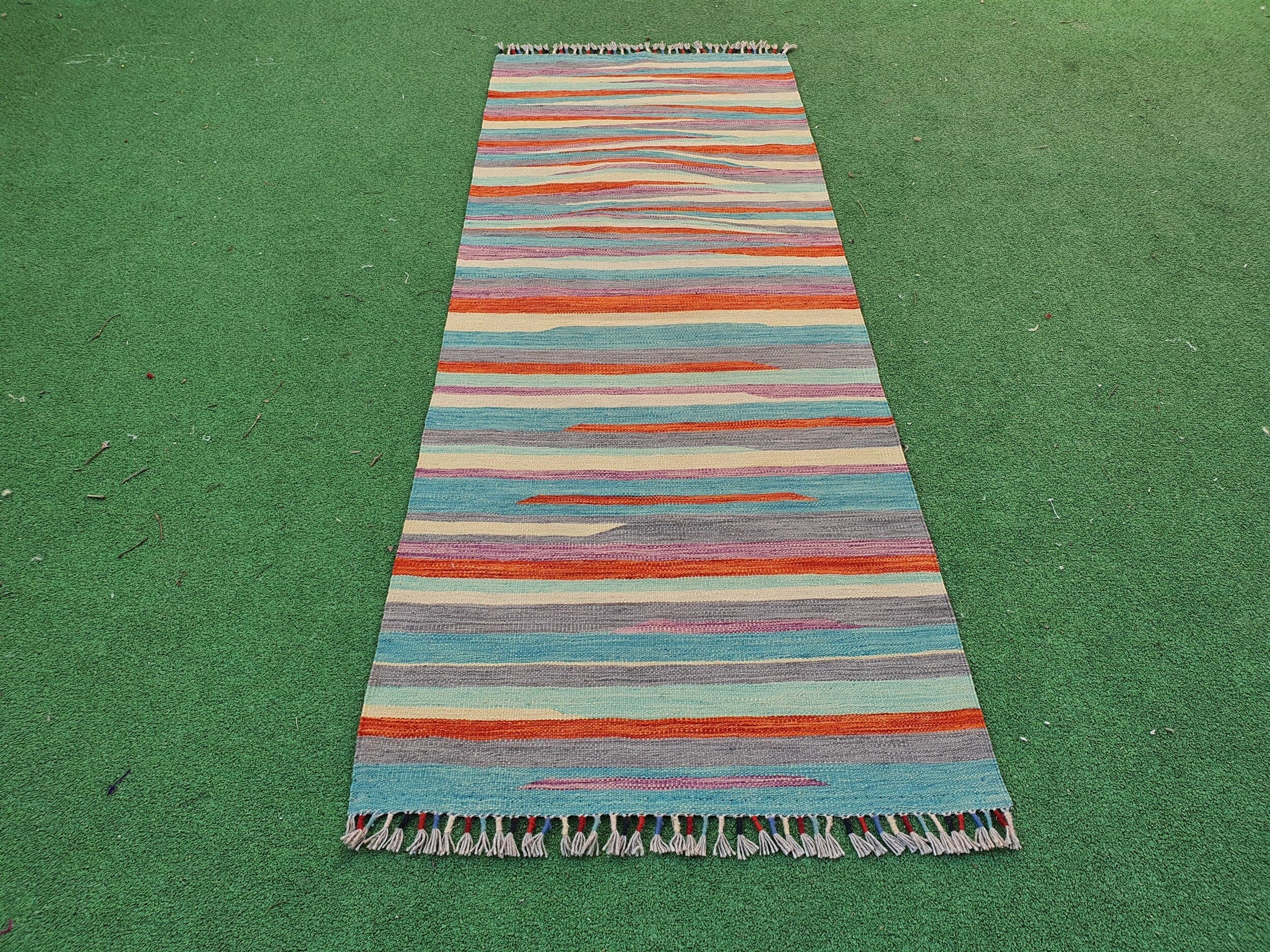 Turkish Kilim Runner Rug 6 x 2 ft Small Blue Grey Beige Narrow Entryway or Hallway Passage Rug